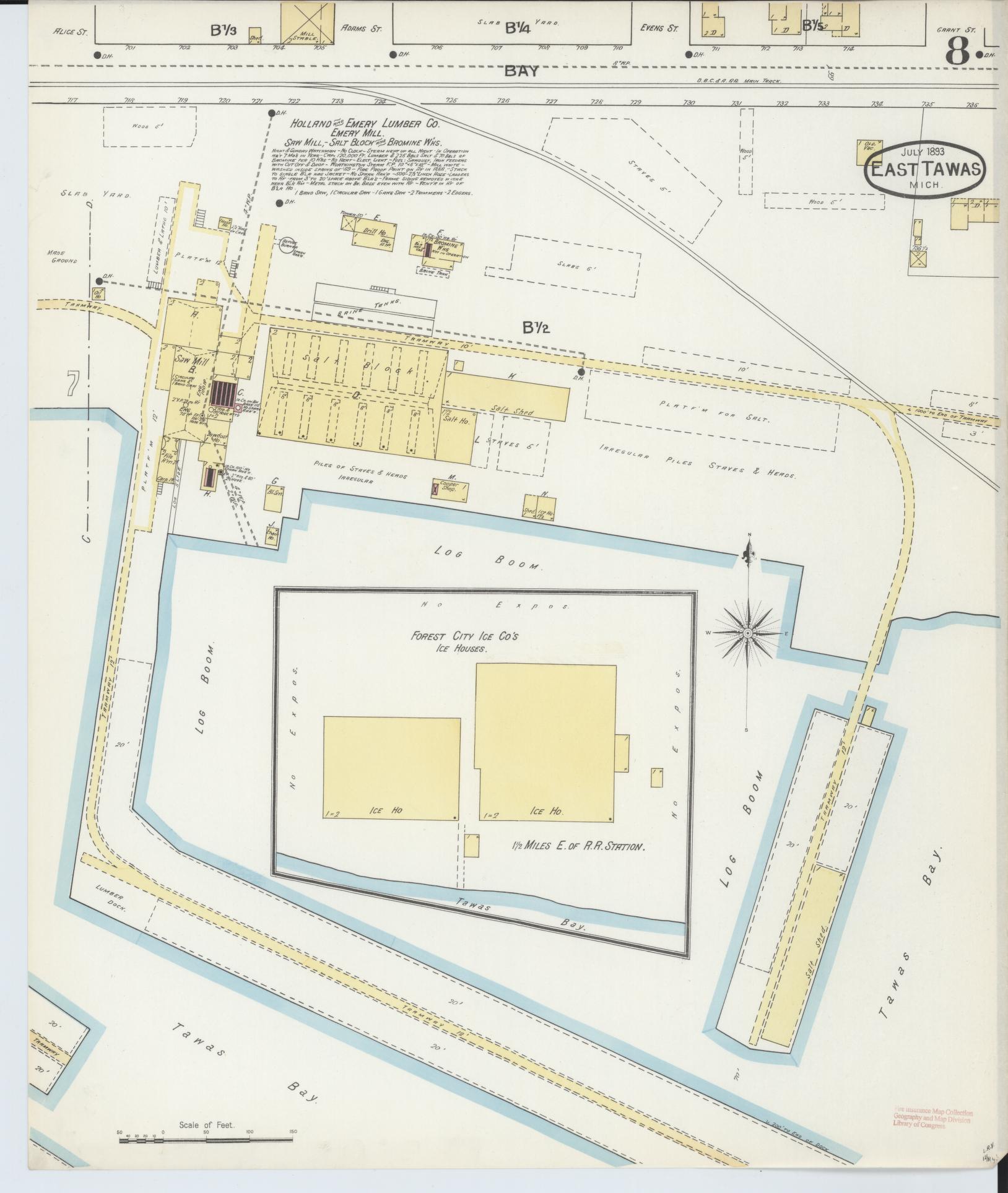 Sanborn Fire Insurance Map from East Tawas, Iosco County, Michigan (1893), Sheet #0008 - Historic Sanborn Fire Insurance Map Print, vintage old map wall art, antique decor, genealogy gift, Michigan Michigan map
