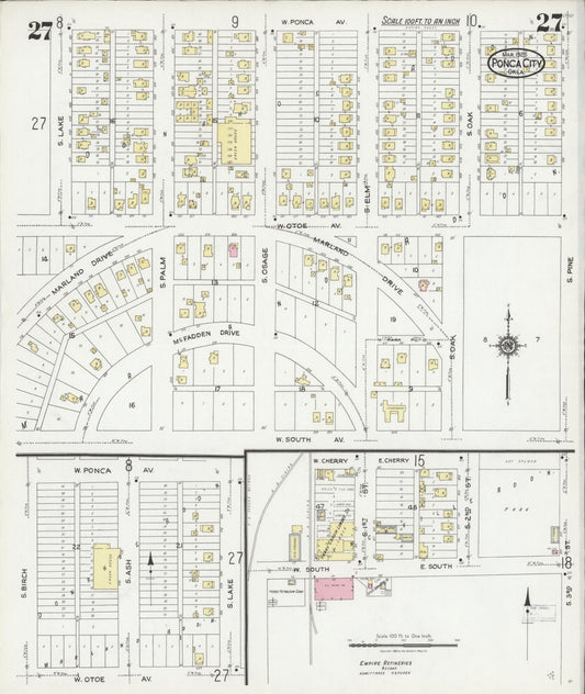 Sanborn Fire Insurance Map from Ponca City, Kay County, Oklahoma (1925), Sheet #0027 - Historic Sanborn Fire Insurance Map Print, vintage old map wall art, antique decor, genealogy gift, Oklahoma Oklahoma map