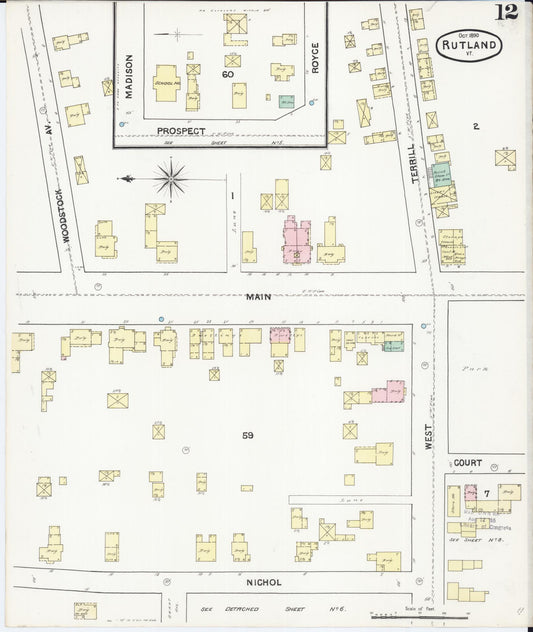 Sanborn Fire Insurance Map from Rutland, Rutland County, Vermont (1890), Sheet #0012 - Historic Sanborn Fire Insurance Map Print, vintage old map wall art, antique decor, genealogy gift, Vermont Vermont map