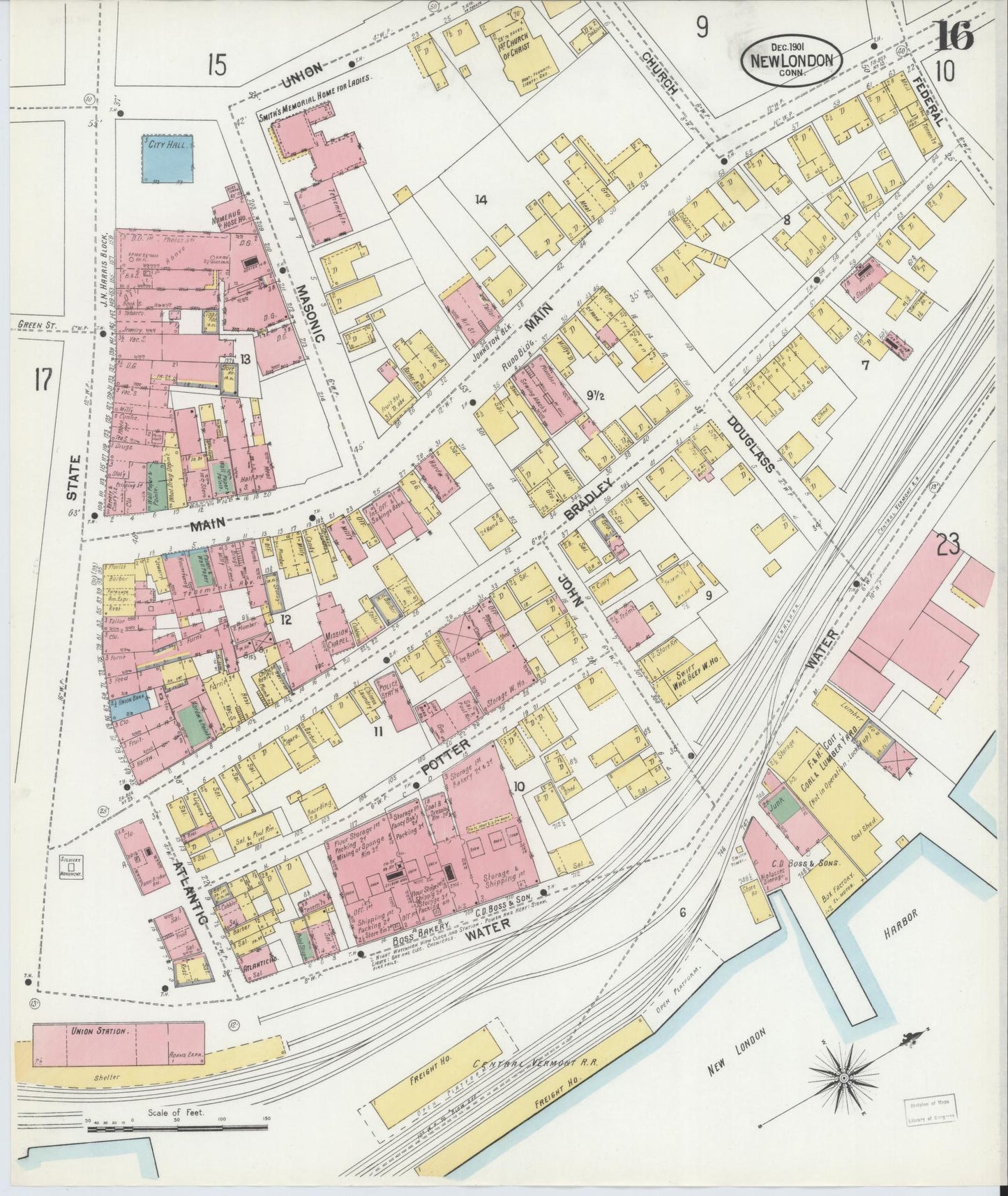 Sanborn Fire Insurance Map from New London, New London County, Connecticut (1901), Sheet #0016 - Complete Map Set gallery image, historic Sanborn map, vintage wall art, Connecticut Connecticut