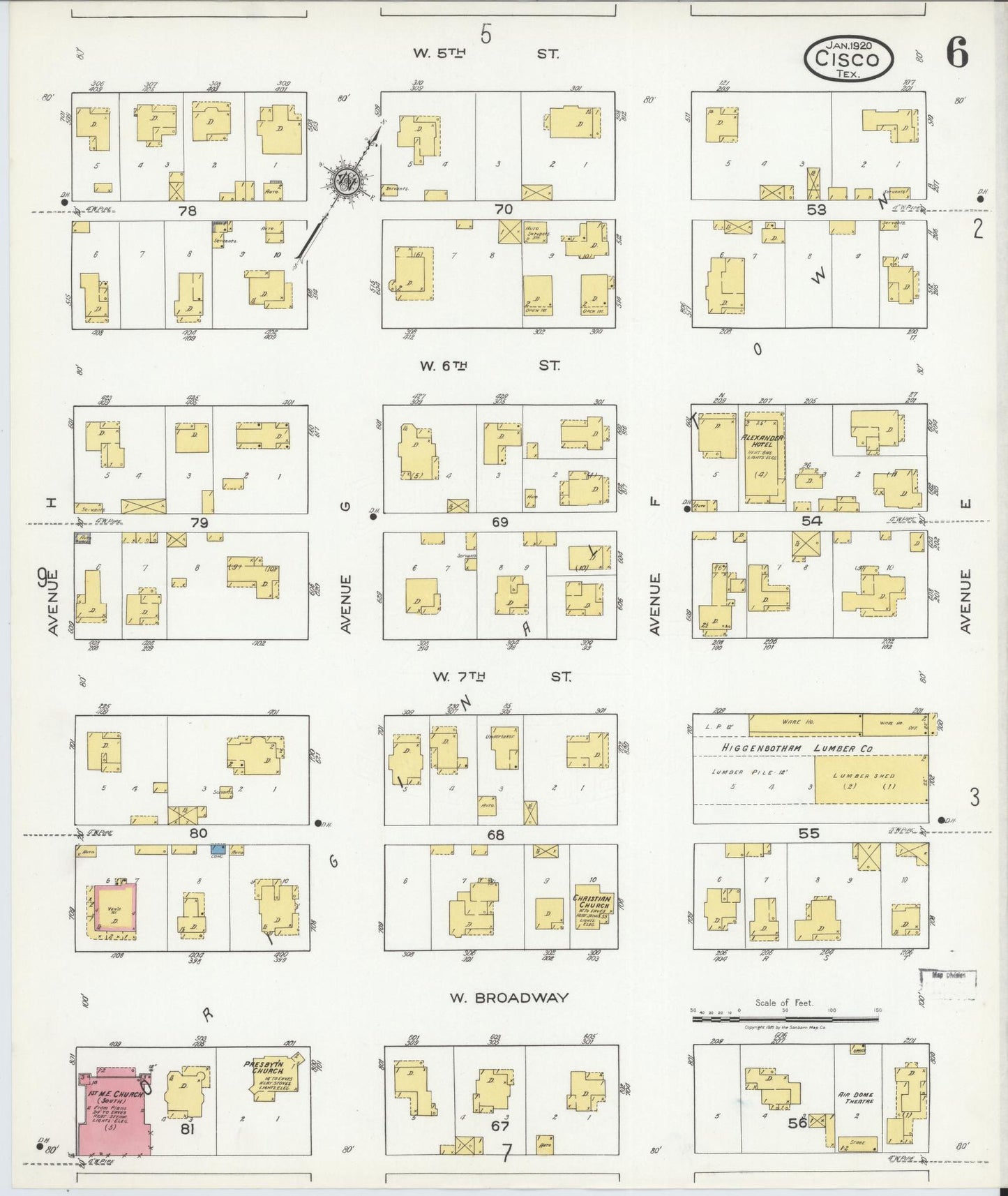 Sanborn Fire Insurance Map from Cisco, Eastland County, Texas (1920), Sheet #0006 - Complete Map Set gallery image, historic Sanborn map, vintage wall art, Texas Texas