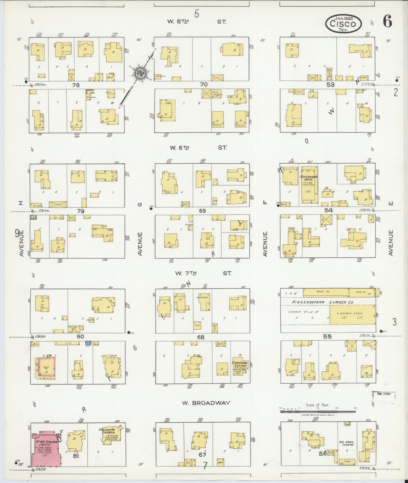 Sanborn Fire Insurance Map from Cisco, Eastland County, Texas (1920), Sheet #0006 - Complete Map Set gallery image, historic Sanborn map, vintage wall art, Texas Texas