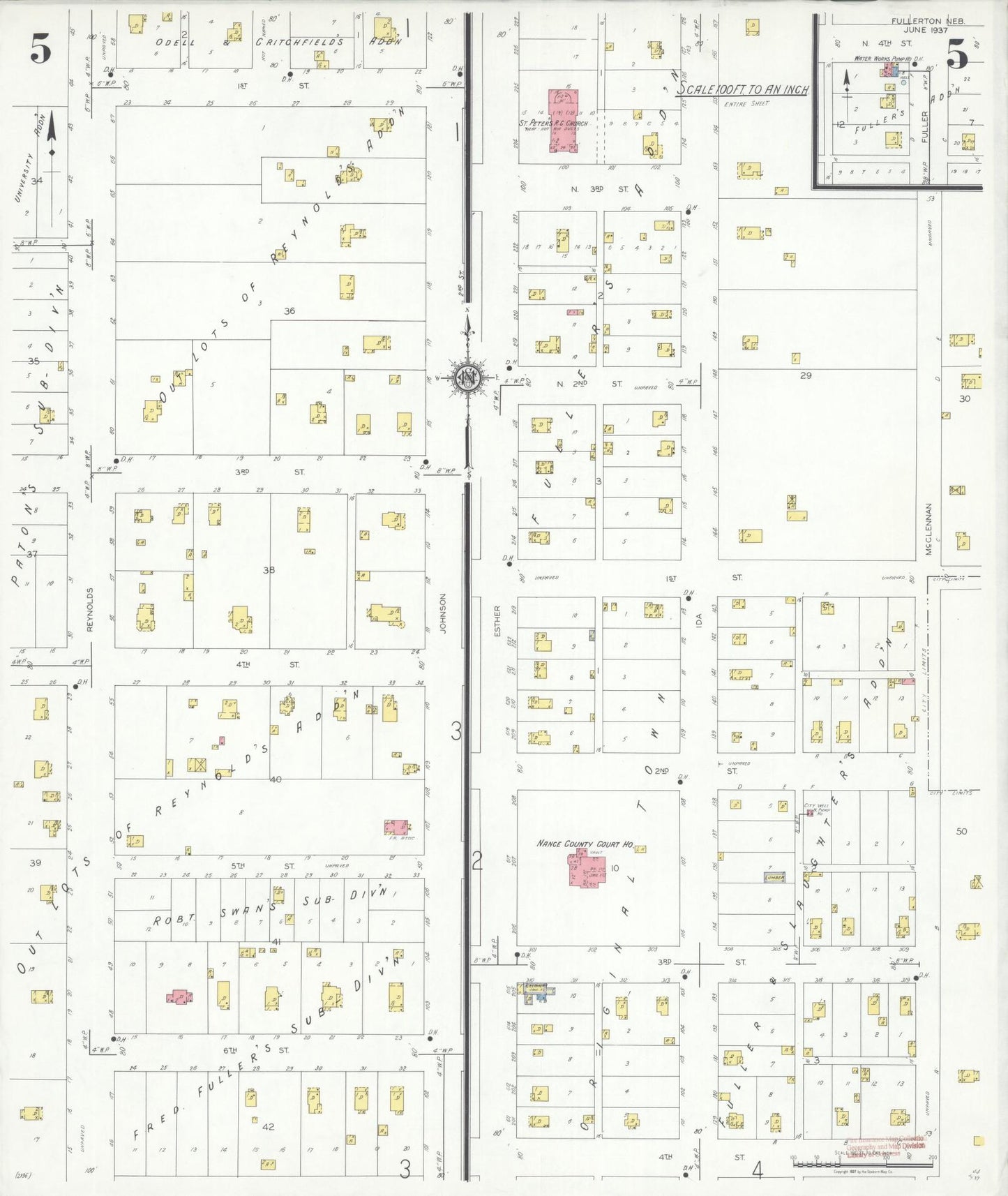 Sanborn Fire Insurance Map from Fullerton, Nance County, Nebraska (1937), Sheet #0005 - Complete Map Set gallery image, historic Sanborn map, vintage wall art, Nebraska Nebraska