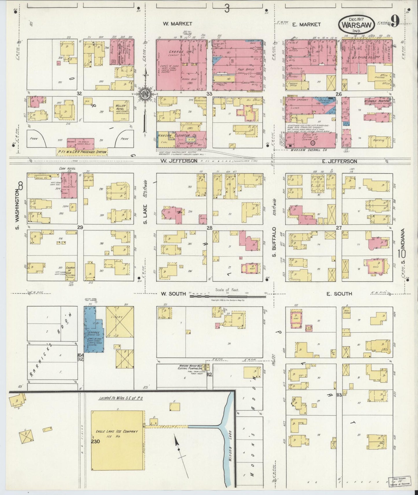 Sanborn Fire Insurance Map from Warsaw, Kosciusko County, Indiana (1917), Sheet #0009 - Historic Sanborn Fire Insurance Map Print, vintage old map wall art, antique decor, genealogy gift, Indiana Indiana map