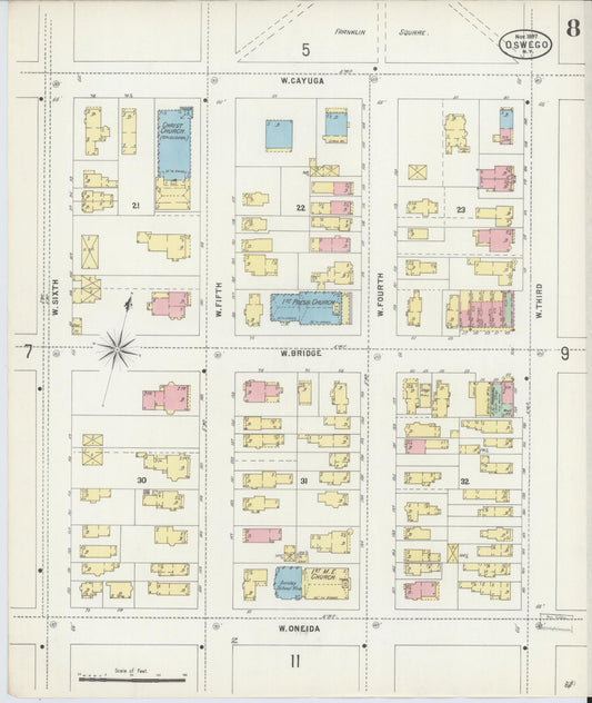 Sanborn Fire Insurance Map from Oswego, Oswego County, New York (1897), Sheet #0008 - Historic Sanborn Fire Insurance Map Print, vintage old map wall art, antique decor, genealogy gift, New York New York map