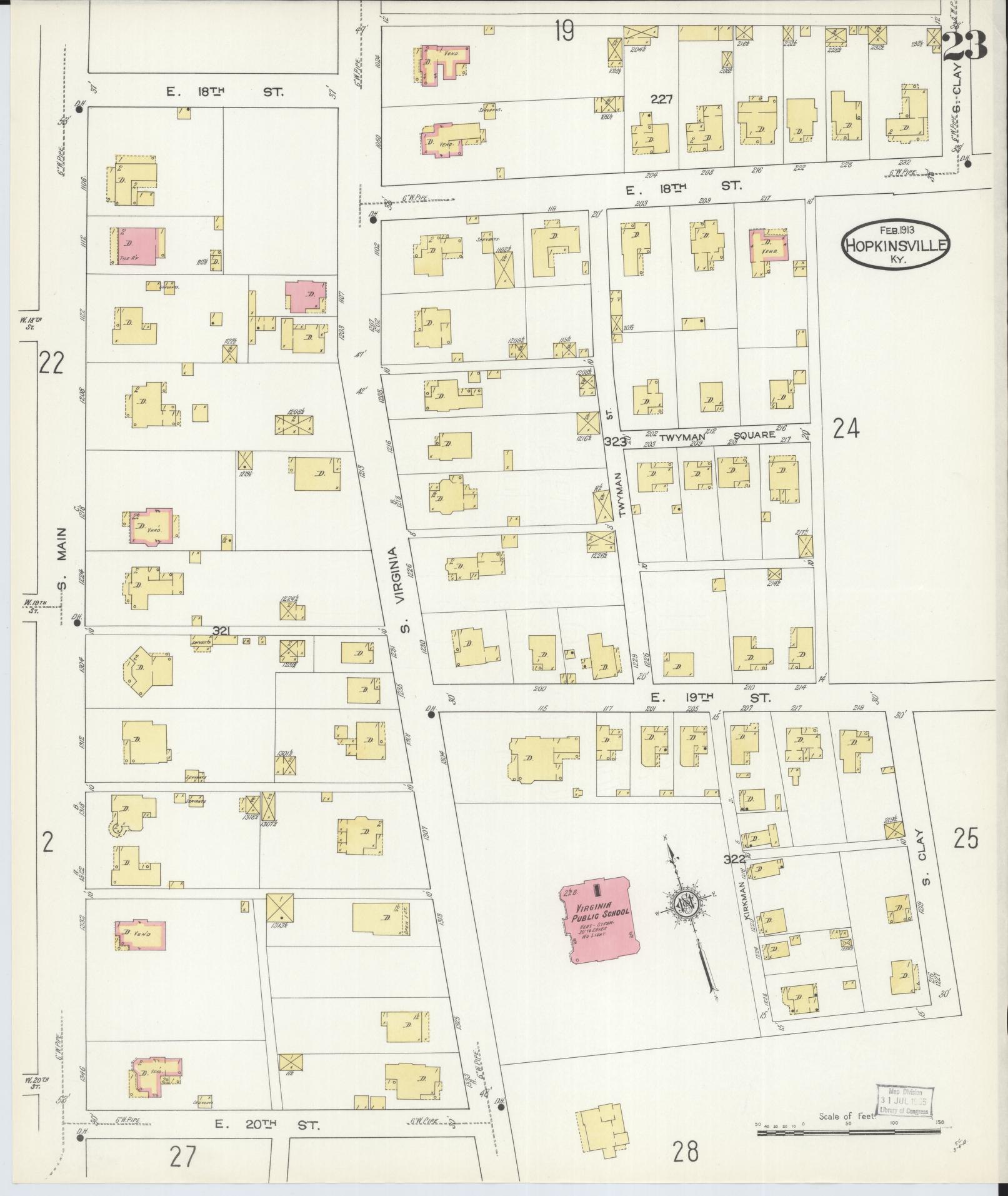 Sanborn Fire Insurance Map from Hopkinsville, Christian County, Kentucky (1913), Sheet #0023 - Complete Map Set gallery image, historic Sanborn map, vintage wall art, Kentucky Kentucky