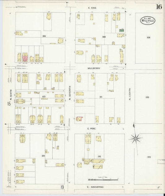 Sanborn Fire Insurance Map from Millville, Cumberland County, New Jersey (1908), Sheet #0016 - Historic Sanborn Fire Insurance Map Print, vintage old map wall art, antique decor, genealogy gift, New Jersey New Jersey map