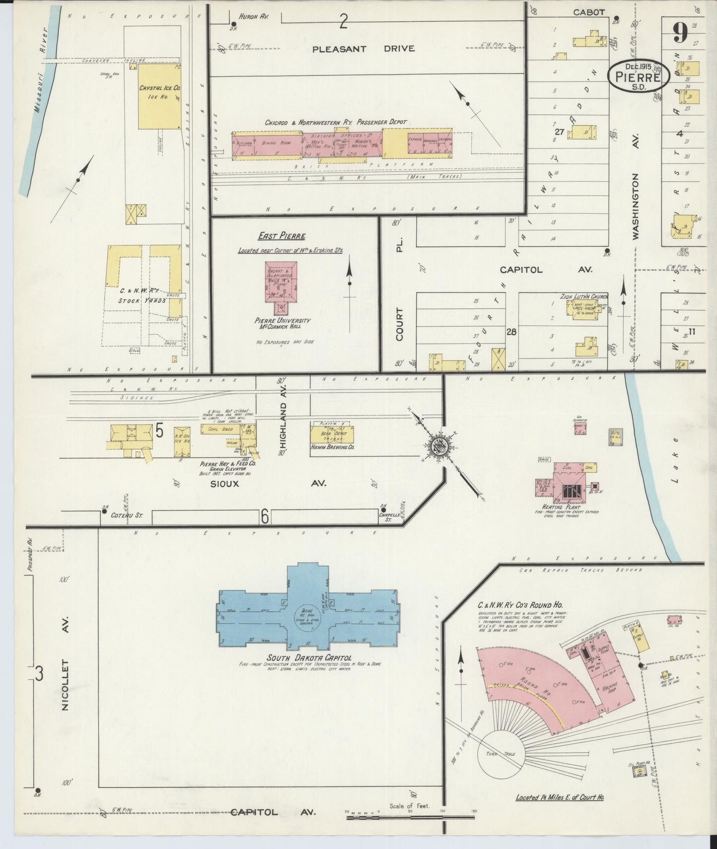 Sanborn Fire Insurance Map from Pierre, Hughes County, South Dakota (1915), Sheet #0009 - Complete Map Set gallery image, historic Sanborn map, vintage wall art, South Dakota South Dakota