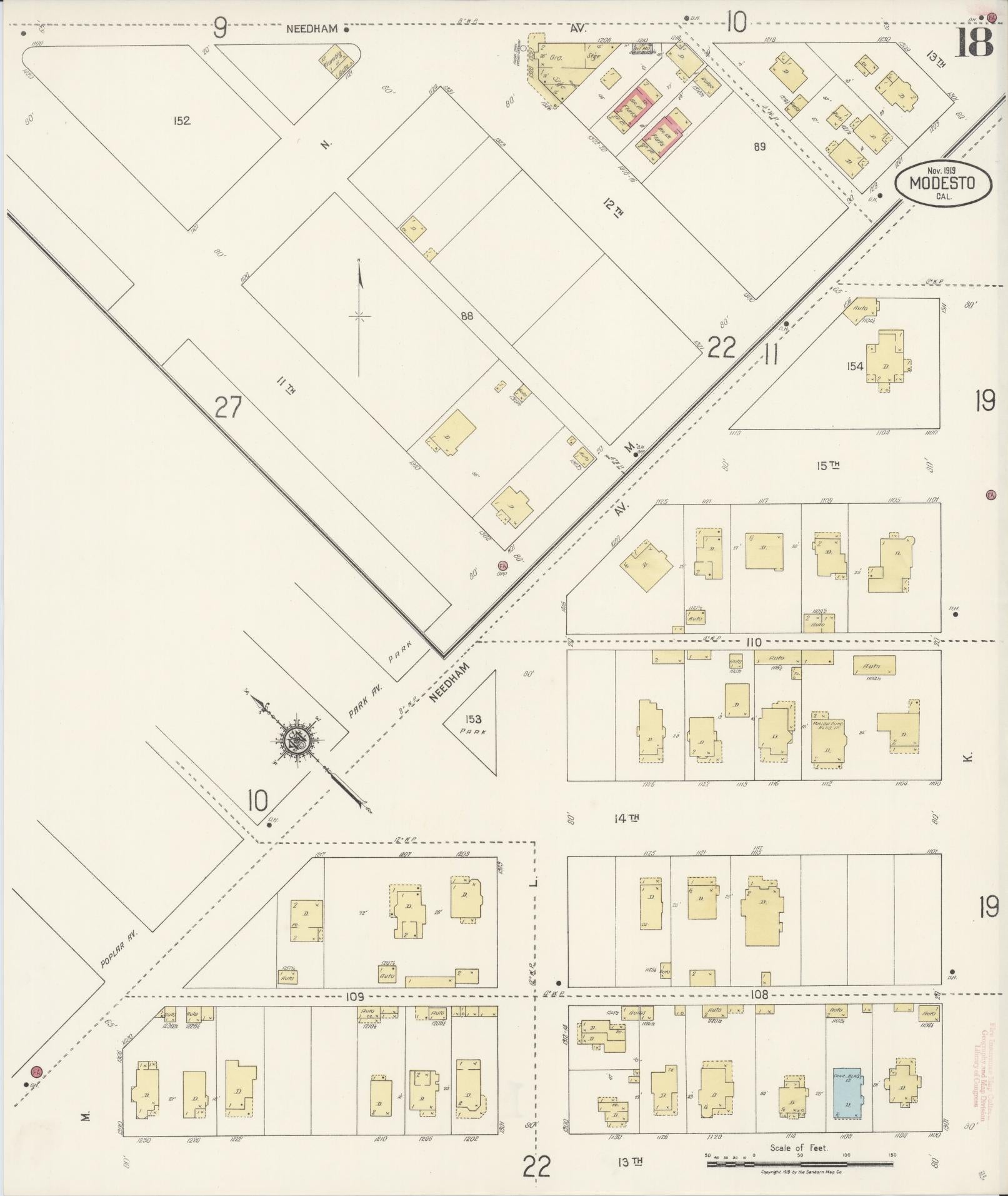Sanborn Fire Insurance Map from Modesto, Stanislaus County, California (1919), Sheet #0018 - Complete Map Set gallery image, historic Sanborn map, vintage wall art, California California