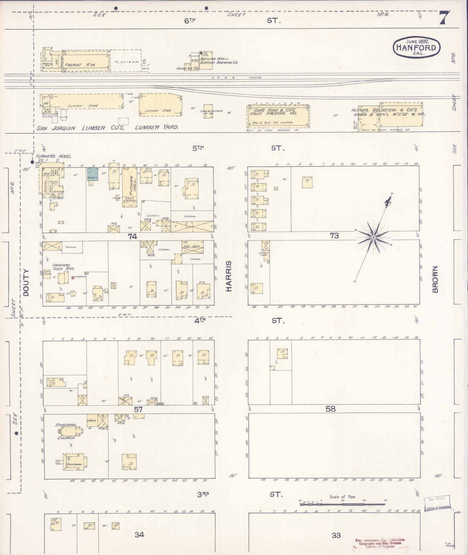 Sanborn Fire Insurance Map from Hanford, Kings County, California (1892), Sheet #0007 - Historic Sanborn Fire Insurance Map Print, vintage old map wall art, antique decor, genealogy gift, California California map