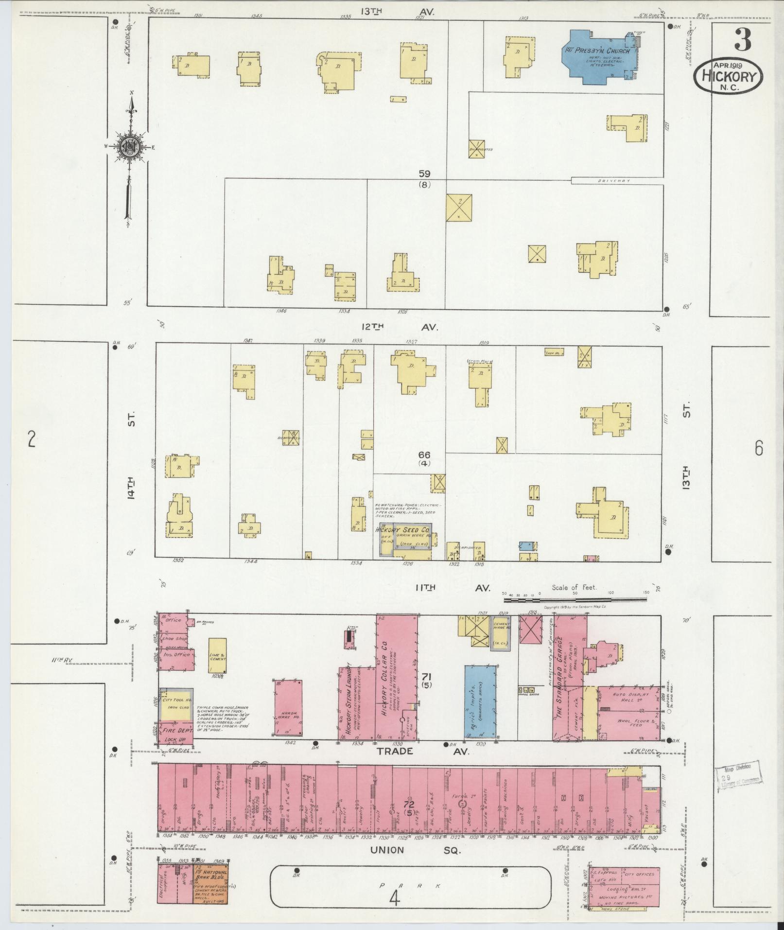 Sanborn Fire Insurance Map from Hickory, Catawba County, North Carolina (1919), Sheet #0003 - Historic Sanborn Fire Insurance Map Print, vintage old map wall art, antique decor, genealogy gift, North Carolina North Carolina map