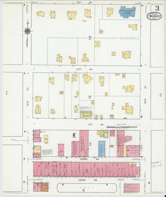 Sanborn Fire Insurance Map from Hickory, Catawba County, North Carolina (1919), Sheet #0003 - Historic Sanborn Fire Insurance Map Print, vintage old map wall art, antique decor, genealogy gift, North Carolina North Carolina map