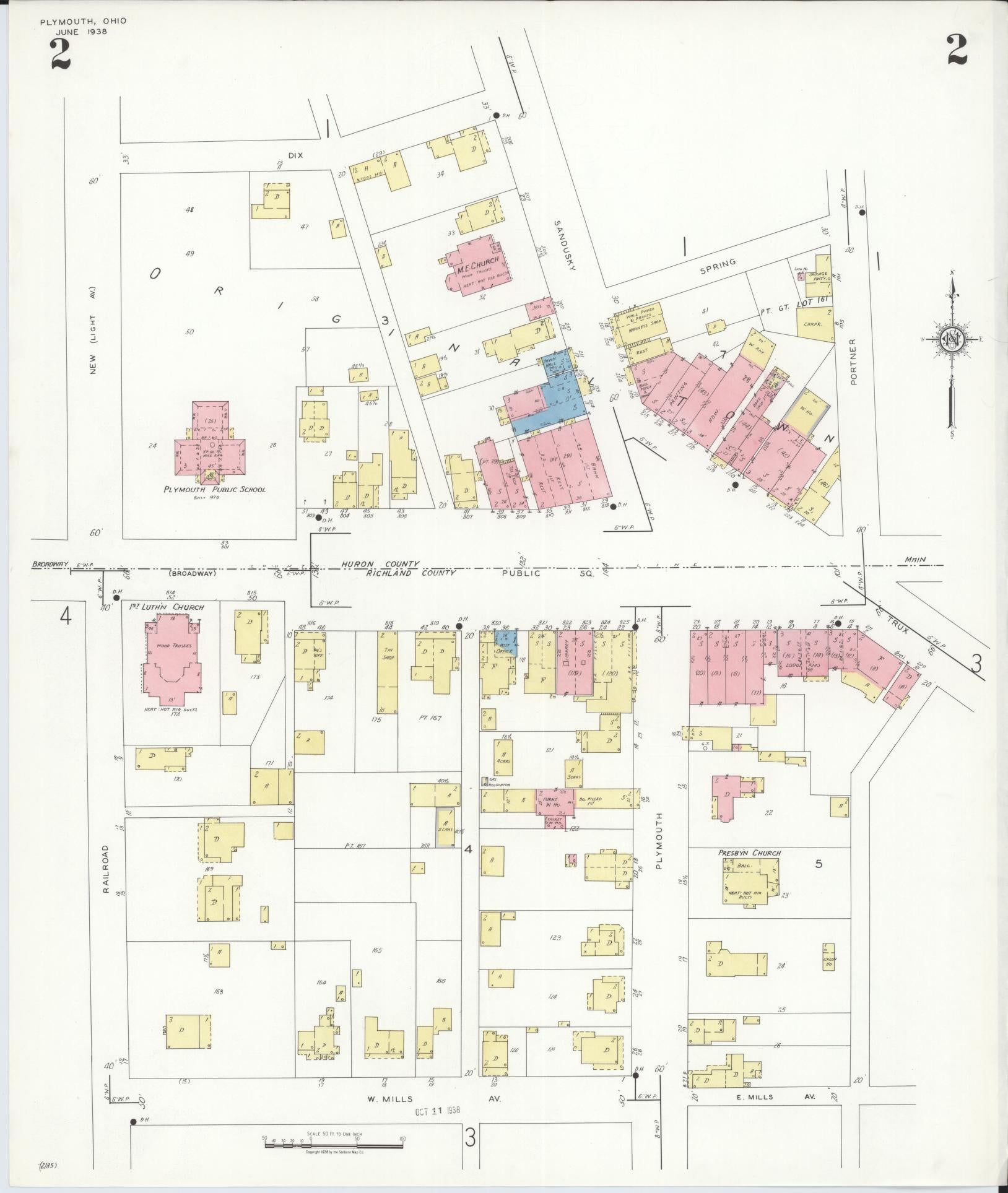 Sanborn Fire Insurance Map from Plymouth, Huron And Richland Counties, Ohio (1938), Sheet #0002 - Historic Sanborn Fire Insurance Map Print, vintage old map wall art, antique decor, genealogy gift, Ohio Ohio map