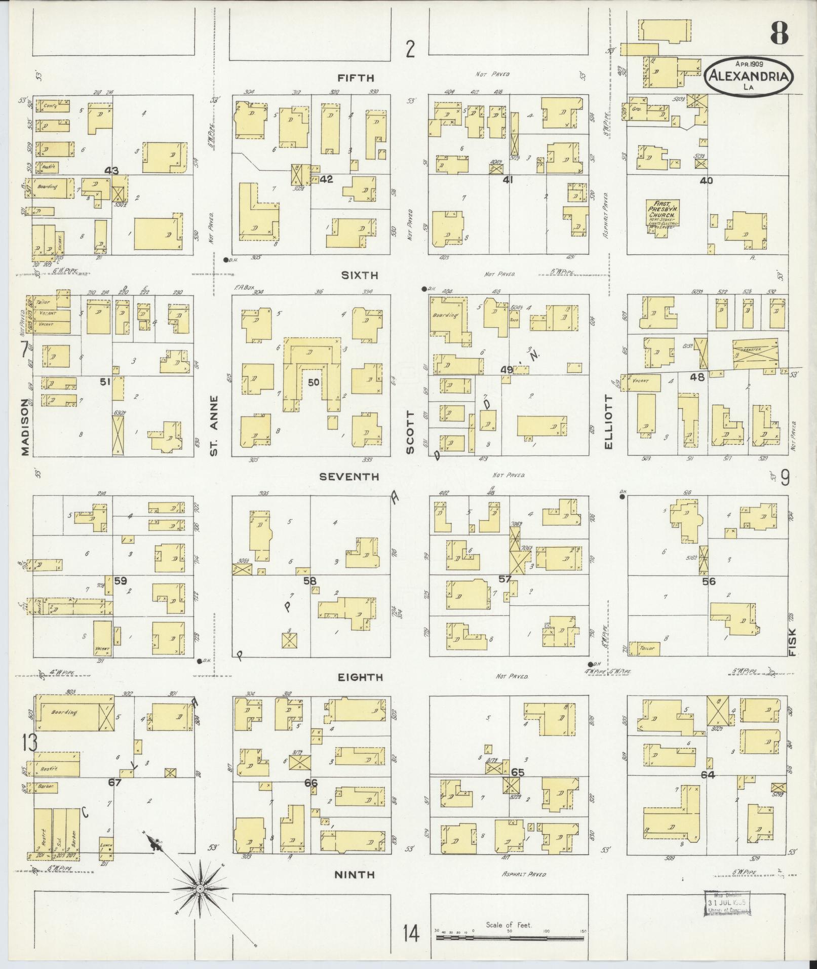 Sanborn Fire Insurance Map from Alexandria, Rapides Parish, Louisiana (1909), Sheet #0008 - Historic Sanborn Fire Insurance Map Print, vintage old map wall art, antique decor, genealogy gift, Louisiana Louisiana map