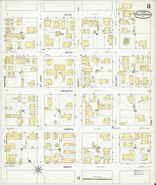 Sanborn Fire Insurance Map from Alexandria, Rapides Parish, Louisiana (1909), Sheet #0008 - Historic Sanborn Fire Insurance Map Print, vintage old map wall art, antique decor, genealogy gift, Louisiana Louisiana map