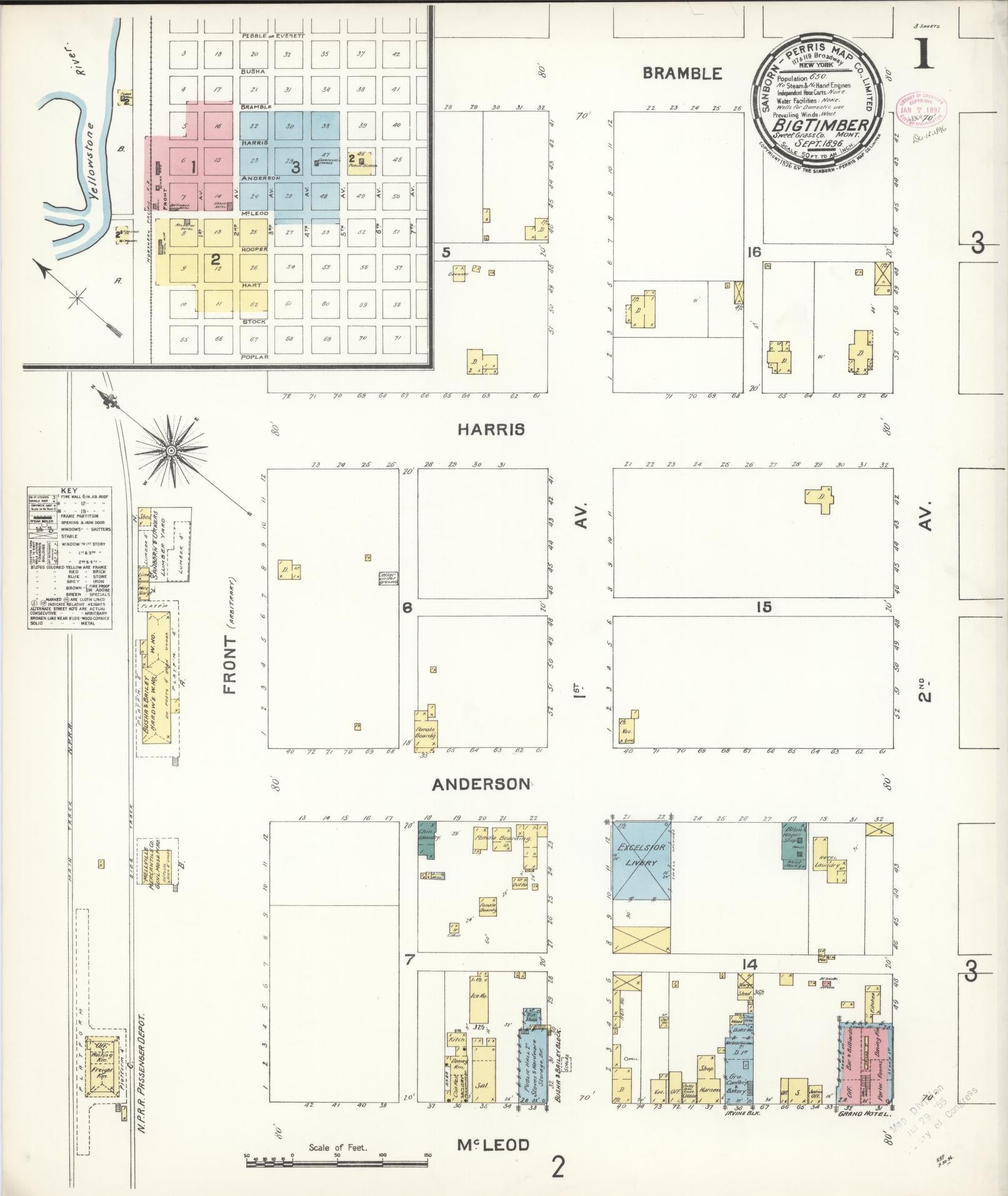 Sanborn Fire Insurance Map from Big Timber, Sweet Grass County, Montana (1896), Sheet #0001 - Complete Map Set gallery image, historic Sanborn map, vintage wall art, Montana Montana