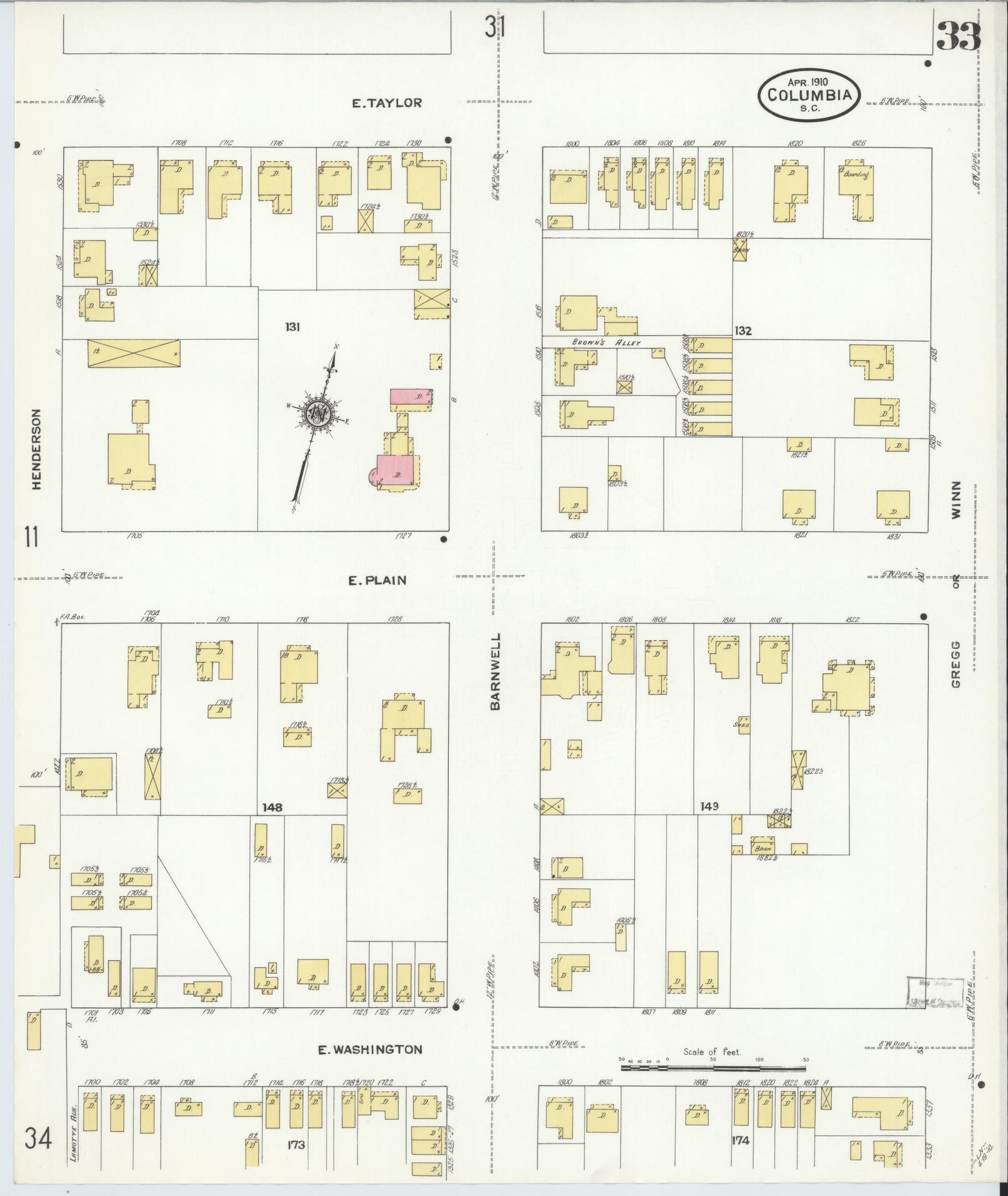 Sanborn Fire Insurance Map from Columbia, Richland County, South Carolina (1910), Sheet #0033 - Complete Map Set gallery image, historic Sanborn map, vintage wall art, South Carolina South Carolina
