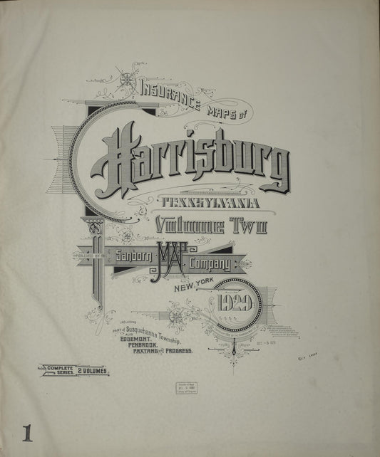 Sanborn Fire Insurance Map from Harrisburg, Dauphin County, Pennsylvania (1929), Sheet #0001 - Historic Sanborn Fire Insurance Map Print, vintage old map wall art, antique decor, genealogy gift, Pennsylvania Pennsylvania map