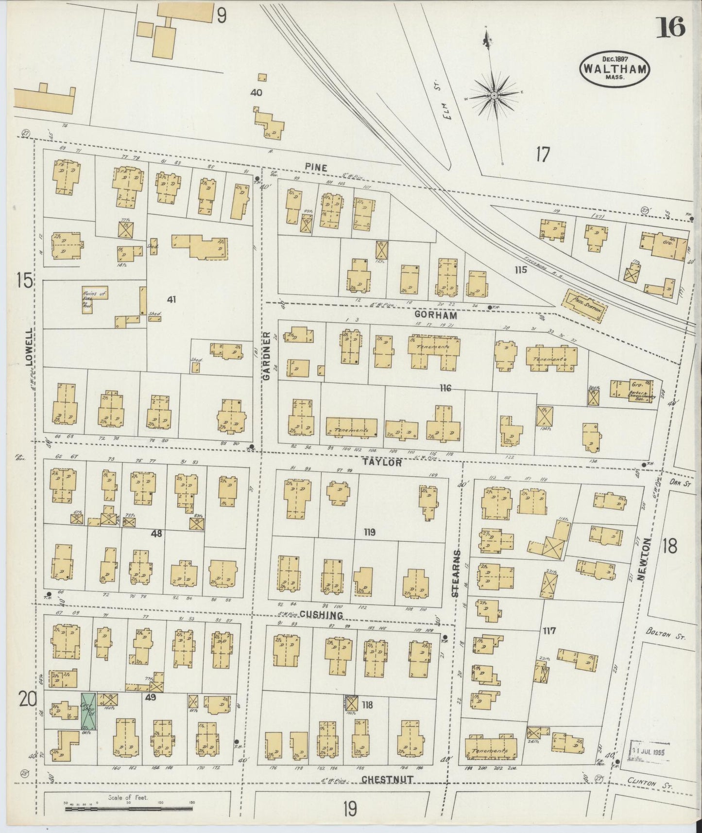 Sanborn Fire Insurance Map from Waltham, Middlesex County, Massachusetts (1897), Sheet #0016 - Complete Map Set gallery image, historic Sanborn map, vintage wall art, Massachusetts Massachusetts