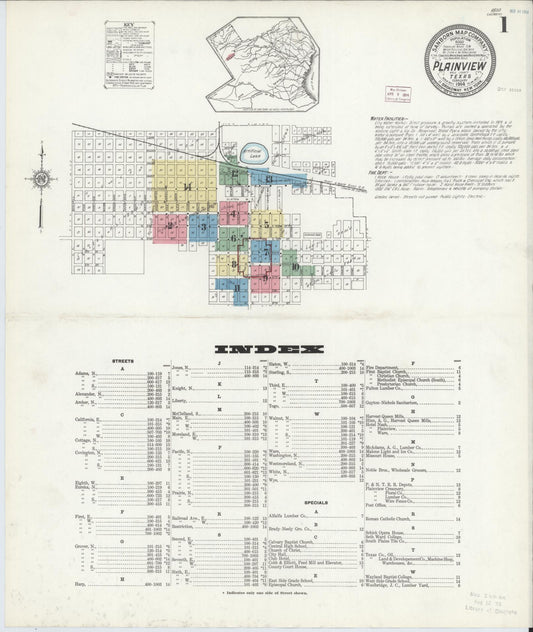 Sanborn Fire Insurance Map from Plainview, Hale County, Texas (1914), Sheet #0001 - Historic Sanborn Fire Insurance Map Print, vintage old map wall art, antique decor, genealogy gift, Texas Texas map