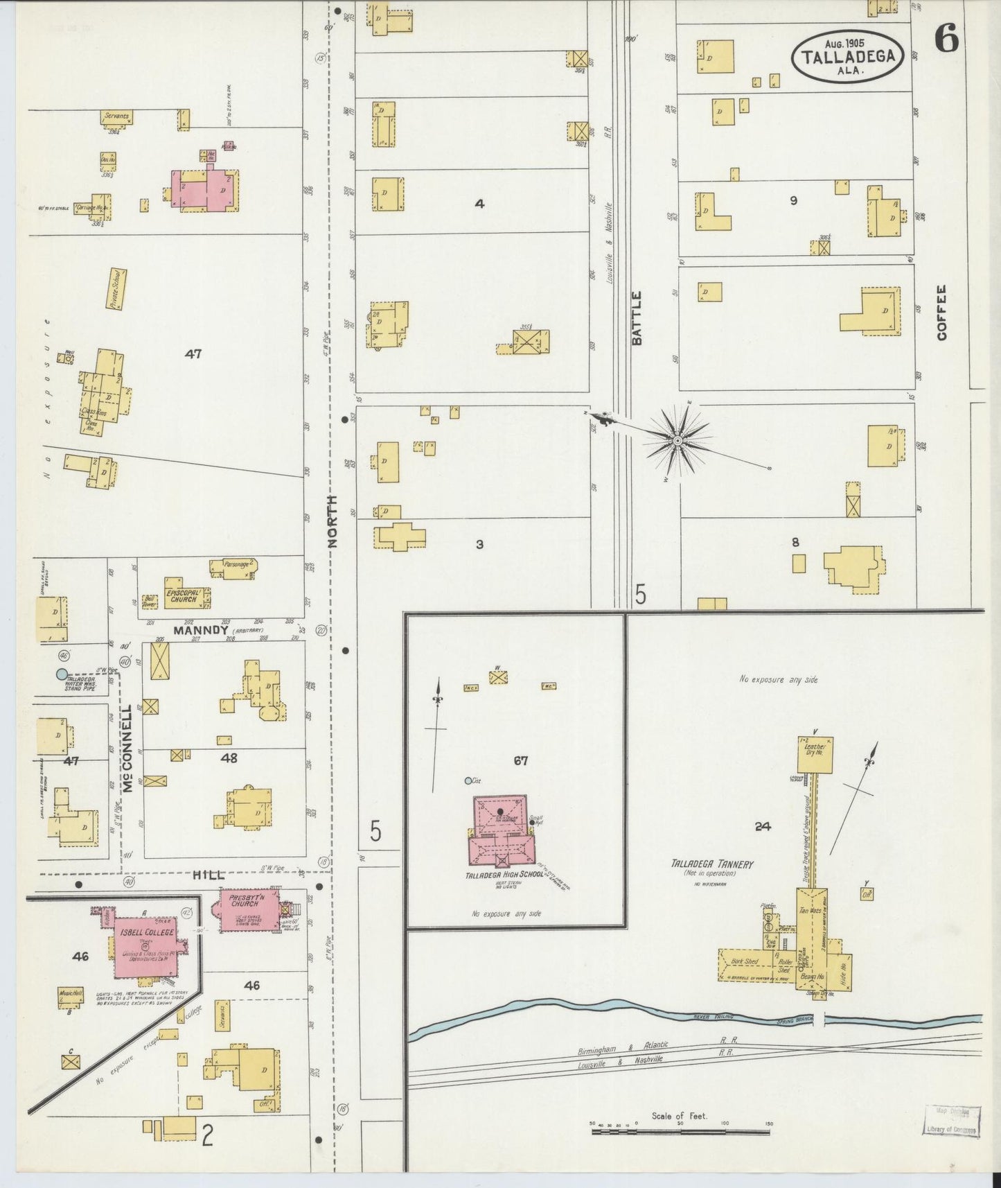 Sanborn Fire Insurance Map from Talladega, Talladega County, Alabama (1905), Sheet #0006 - Complete Map Set gallery image, historic Sanborn map, vintage wall art, Alabama Alabama