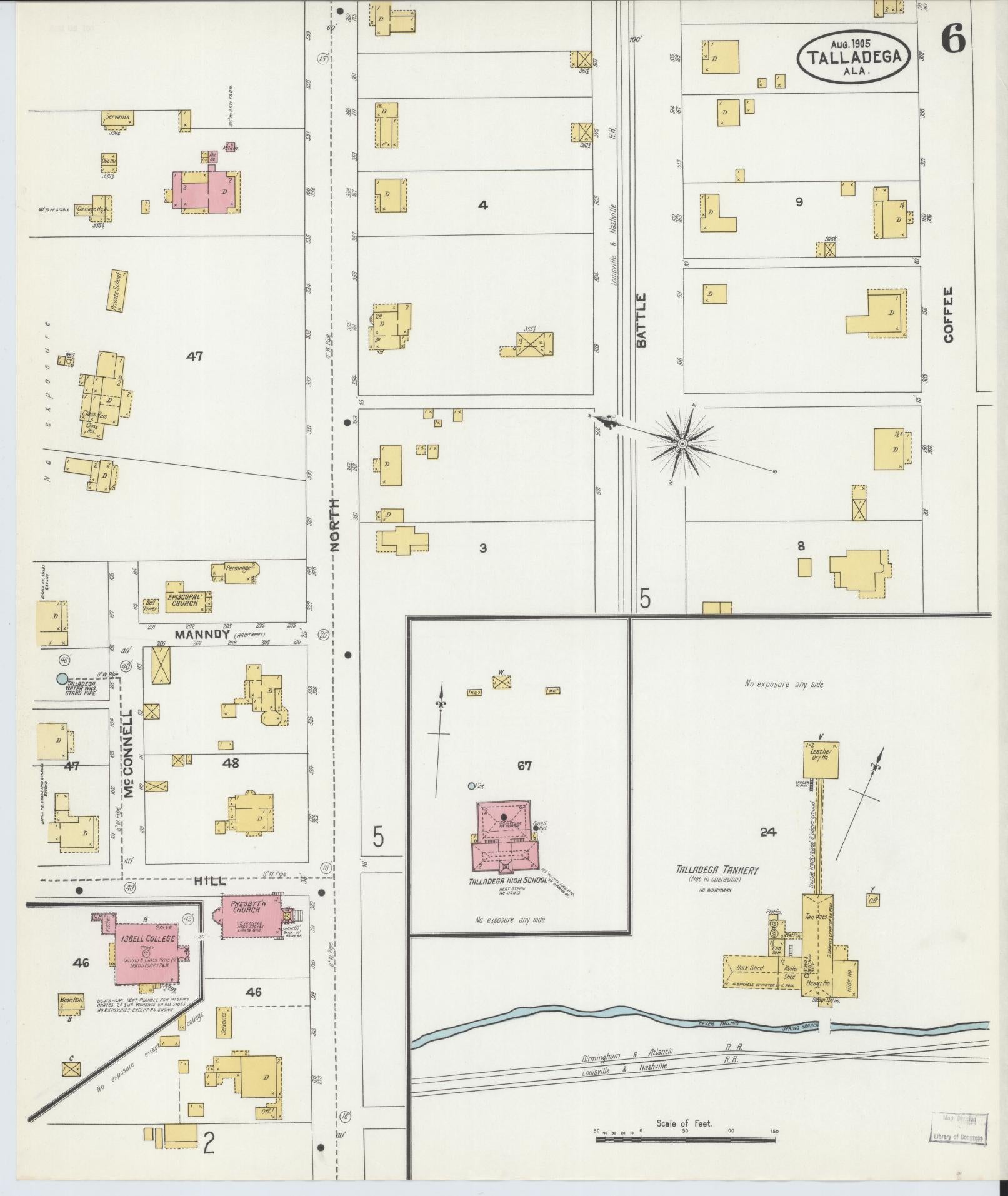 Sanborn Fire Insurance Map from Talladega, Talladega County, Alabama (1905), Sheet #0006 - Complete Map Set gallery image, historic Sanborn map, vintage wall art, Alabama Alabama