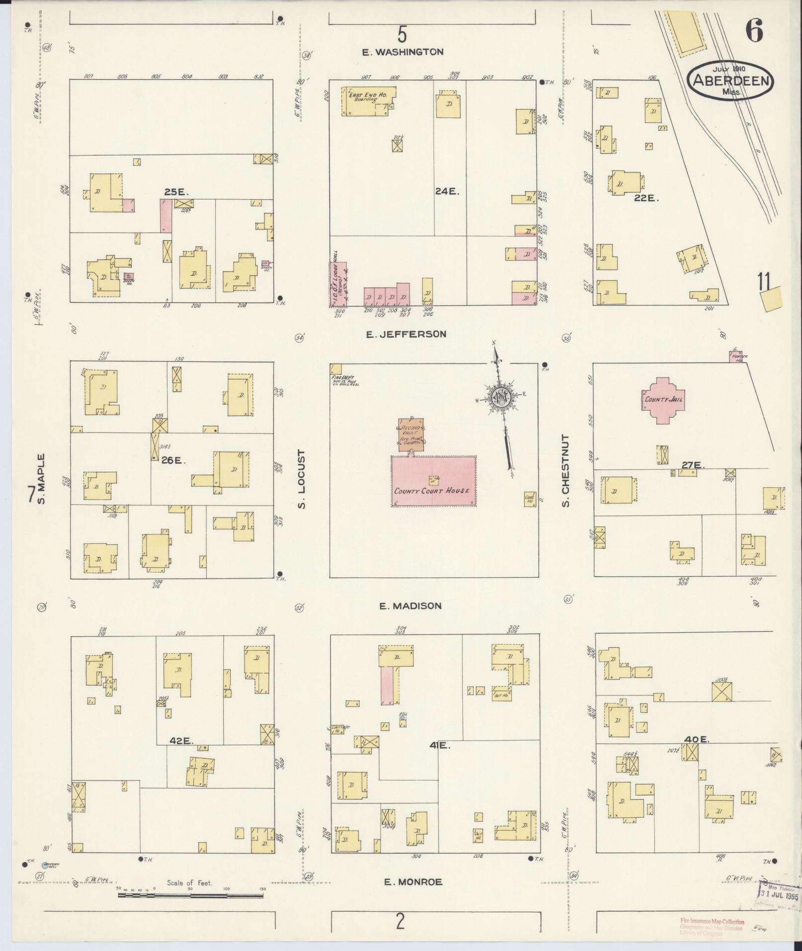 Sanborn Fire Insurance Map from Aberdeen, Monroe County, Mississippi (1910), Sheet #0006 - Complete Map Set gallery image, historic Sanborn map, vintage wall art, Mississippi Mississippi