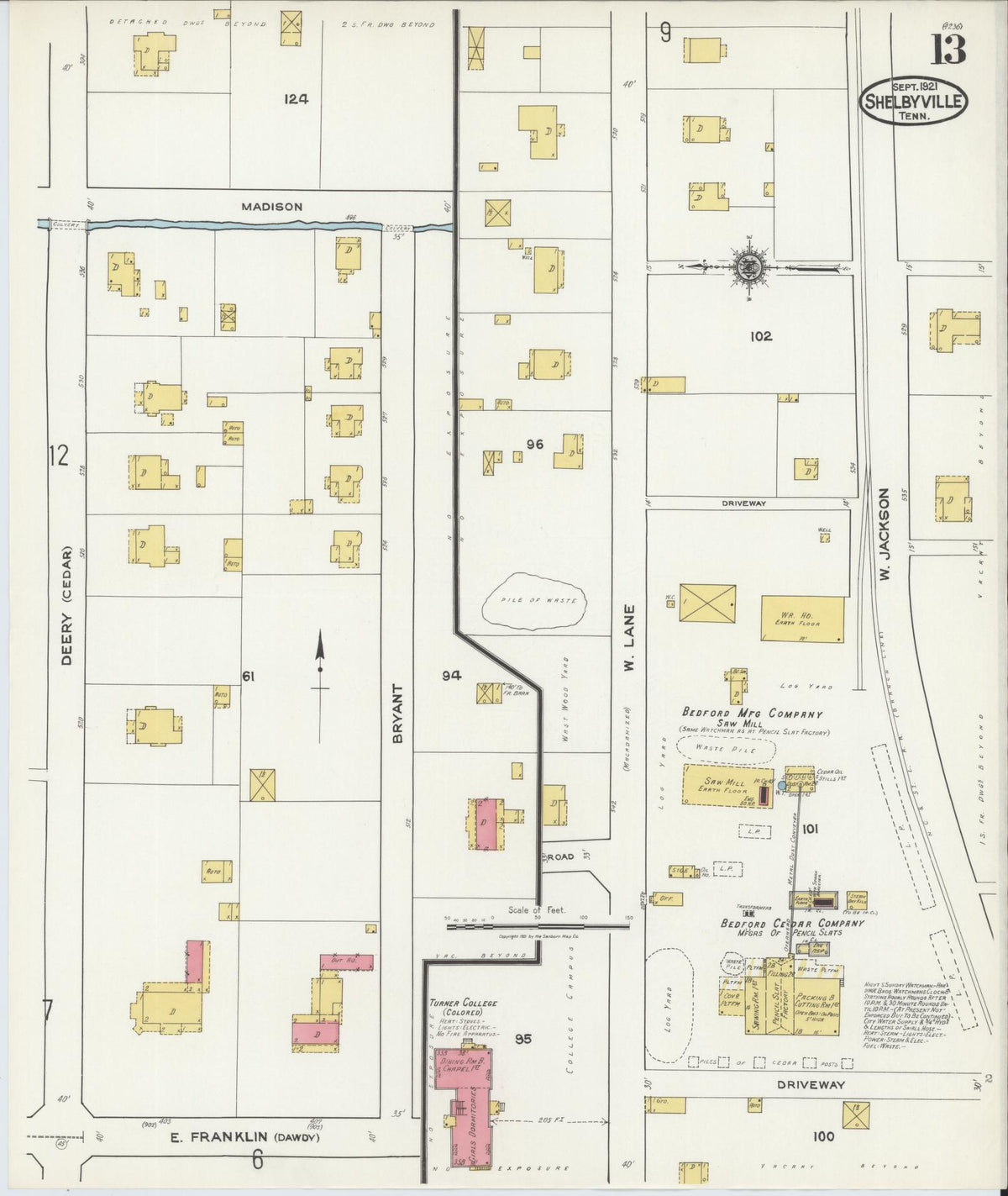 Sanborn Fire Insurance Map from Shelbyville, Bedford County, Tennessee (1921), Sheet #0013 - Complete Map Set gallery image, historic Sanborn map, vintage wall art, Tennessee Tennessee