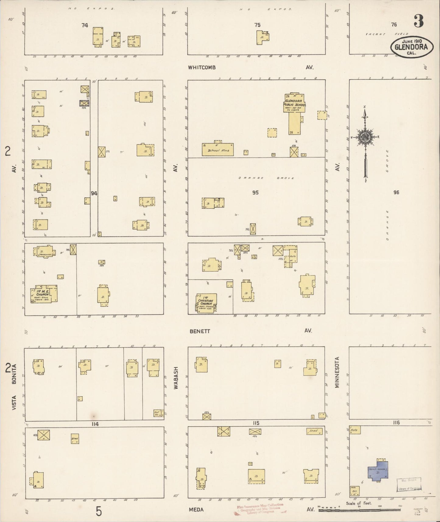 Sanborn Fire Insurance Map from Glendora, Los Angeles County, California (1910), Sheet #0003 - Complete Map Set gallery image, historic Sanborn map, vintage wall art, California California