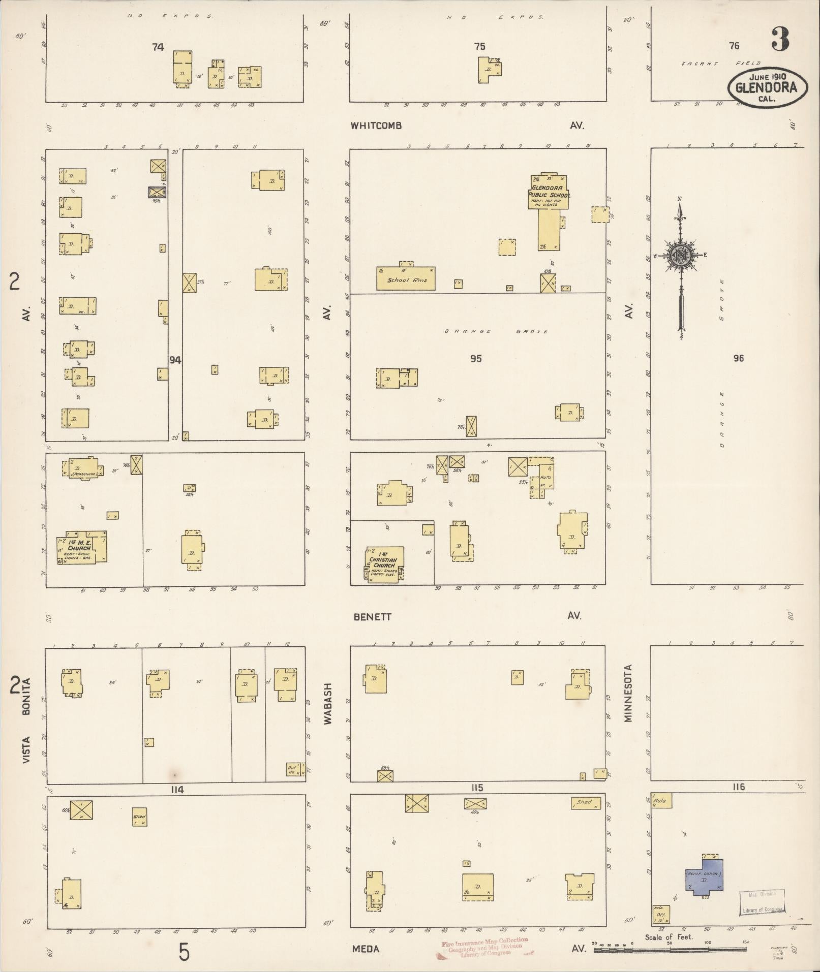 Sanborn Fire Insurance Map from Glendora, Los Angeles County, California (1910), Sheet #0003 - Complete Map Set gallery image, historic Sanborn map, vintage wall art, California California