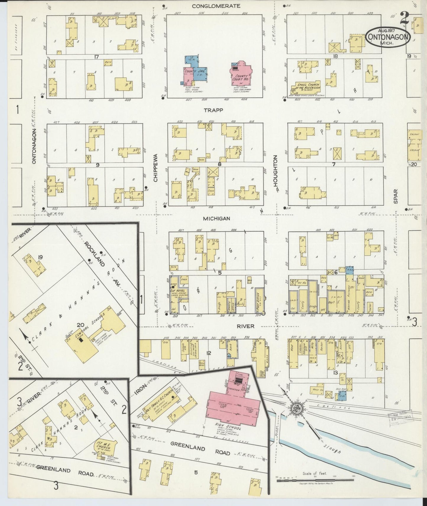 Sanborn Fire Insurance Map from Ontonagon, Ontonagon County, Michigan (1917), Sheet #0002 - Complete Map Set gallery image, historic Sanborn map, vintage wall art, Michigan Michigan