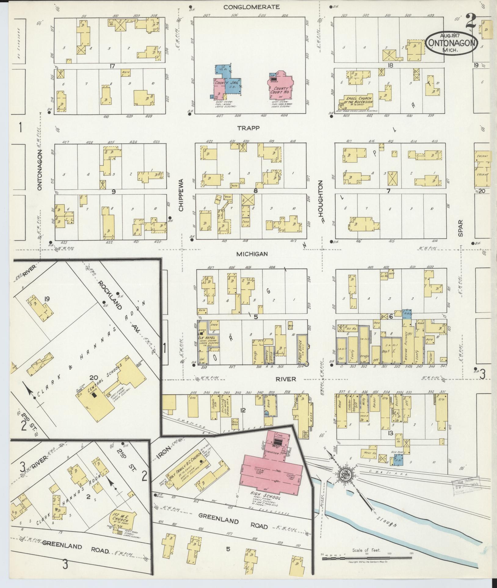 Sanborn Fire Insurance Map from Ontonagon, Ontonagon County, Michigan (1917), Sheet #0002 - Complete Map Set gallery image, historic Sanborn map, vintage wall art, Michigan Michigan