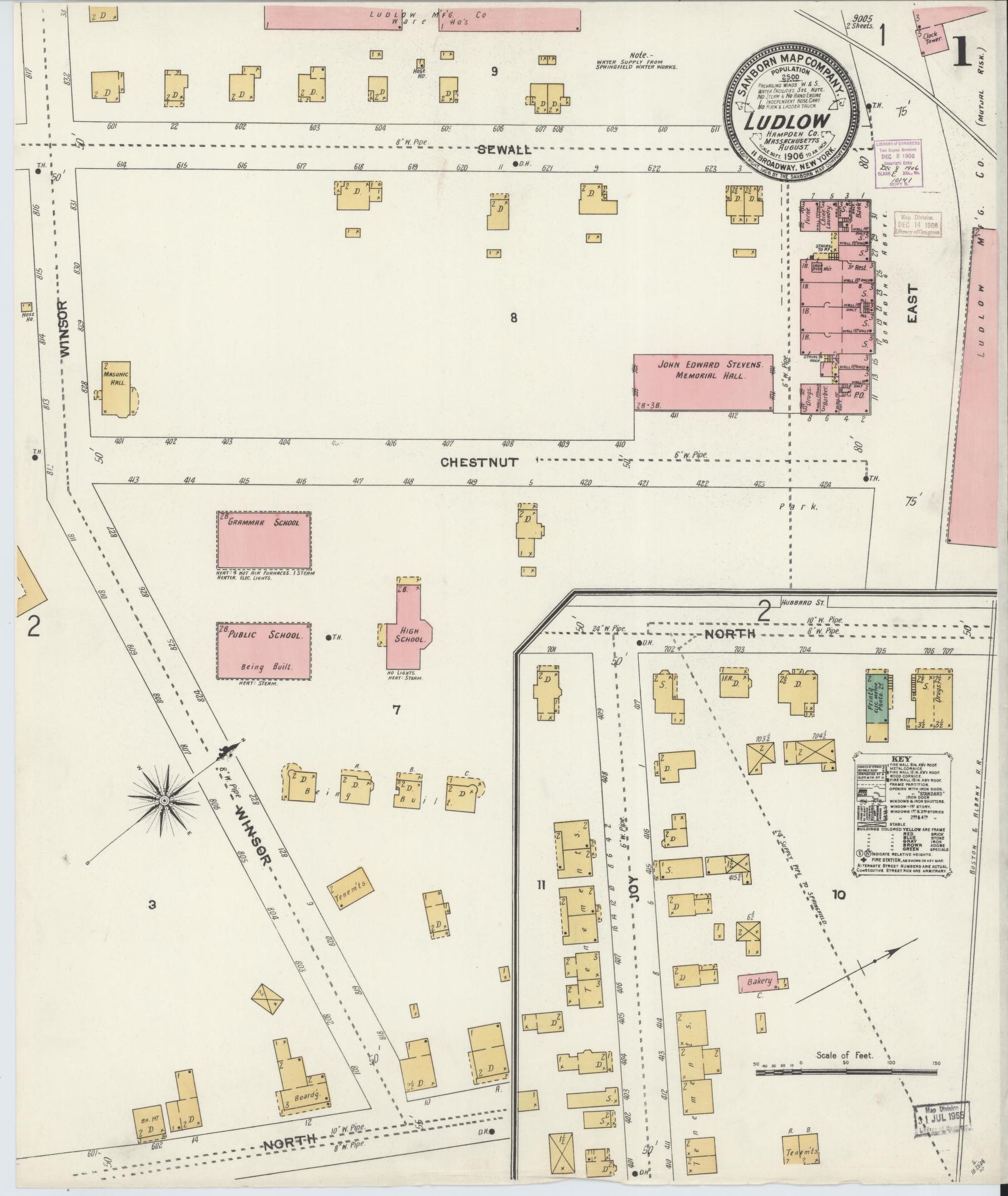 Sanborn Fire Insurance Map from Ludlow, Hampden County, Massachusetts (1906), Sheet #0001 - Historic Sanborn Fire Insurance Map Print, vintage old map wall art, antique decor, genealogy gift, Massachusetts Massachusetts map