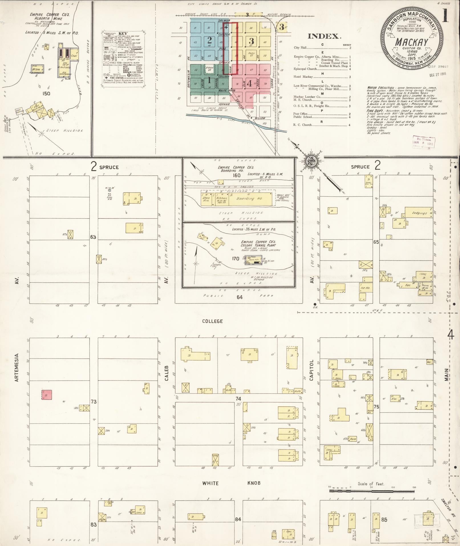 Sanborn Fire Insurance Map from Mackay, Custer County, Idaho (1915), Sheet #0001 - Historic Sanborn Fire Insurance Map Print, vintage old map wall art, antique decor, genealogy gift, Idaho Idaho map
