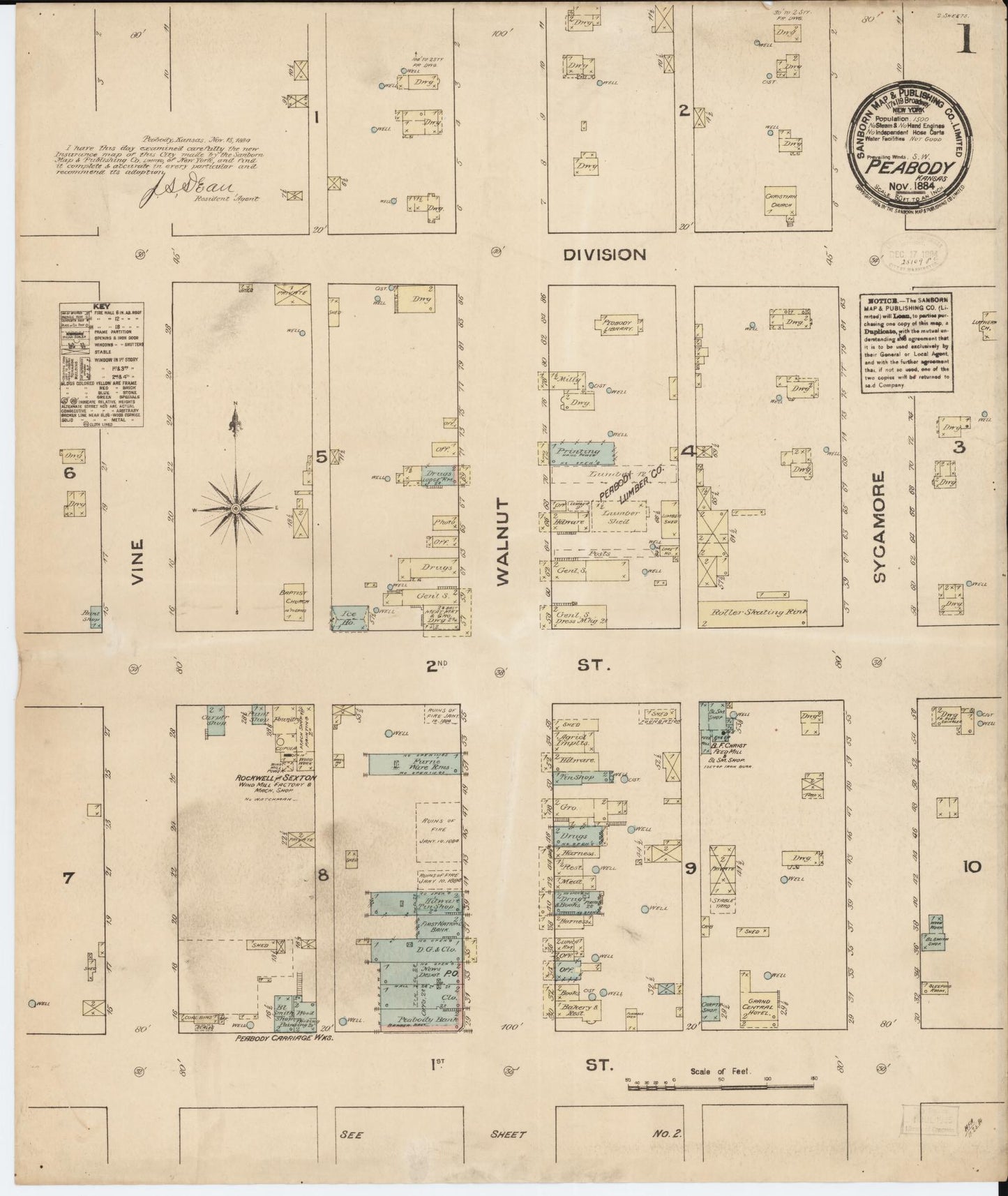 Sanborn Fire Insurance Map from Peabody, Marion County, Kansas (1884), Sheet #0001 - Historic Sanborn Fire Insurance Map Print, vintage old map wall art, antique decor, genealogy gift, Kansas Kansas map