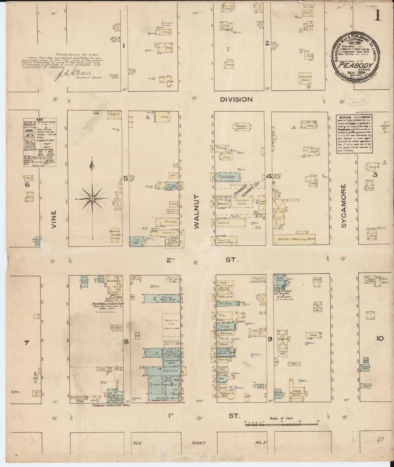 Sanborn Fire Insurance Map from Peabody, Marion County, Kansas (1884), Sheet #0001 - Historic Sanborn Fire Insurance Map Print, vintage old map wall art, antique decor, genealogy gift, Kansas Kansas map