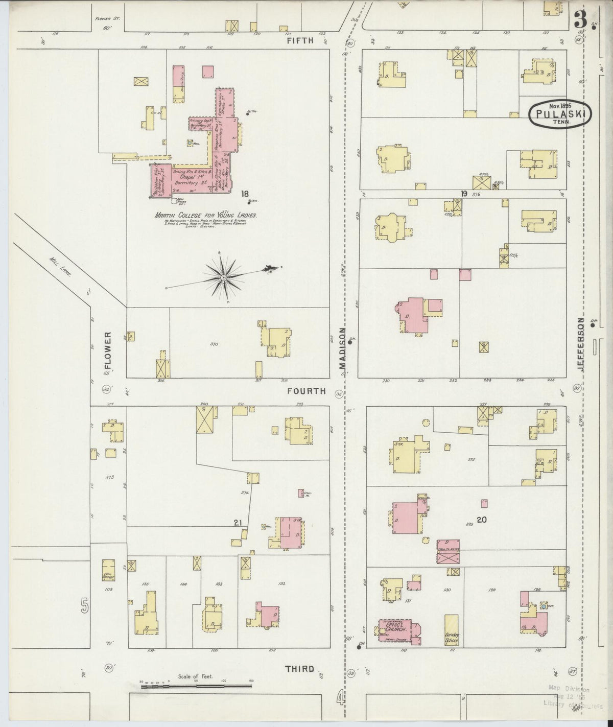 Sanborn Fire Insurance Map from Pulaski, Giles County, Tennessee (1895), Sheet #0003 - Historic Sanborn Fire Insurance Map Print, vintage old map wall art, antique decor, genealogy gift, Tennessee Tennessee map