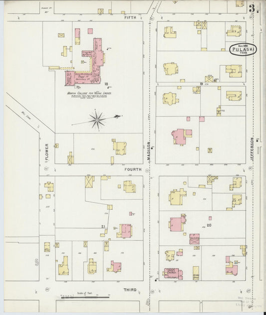 Sanborn Fire Insurance Map from Pulaski, Giles County, Tennessee (1895), Sheet #0003 - Historic Sanborn Fire Insurance Map Print, vintage old map wall art, antique decor, genealogy gift, Tennessee Tennessee map