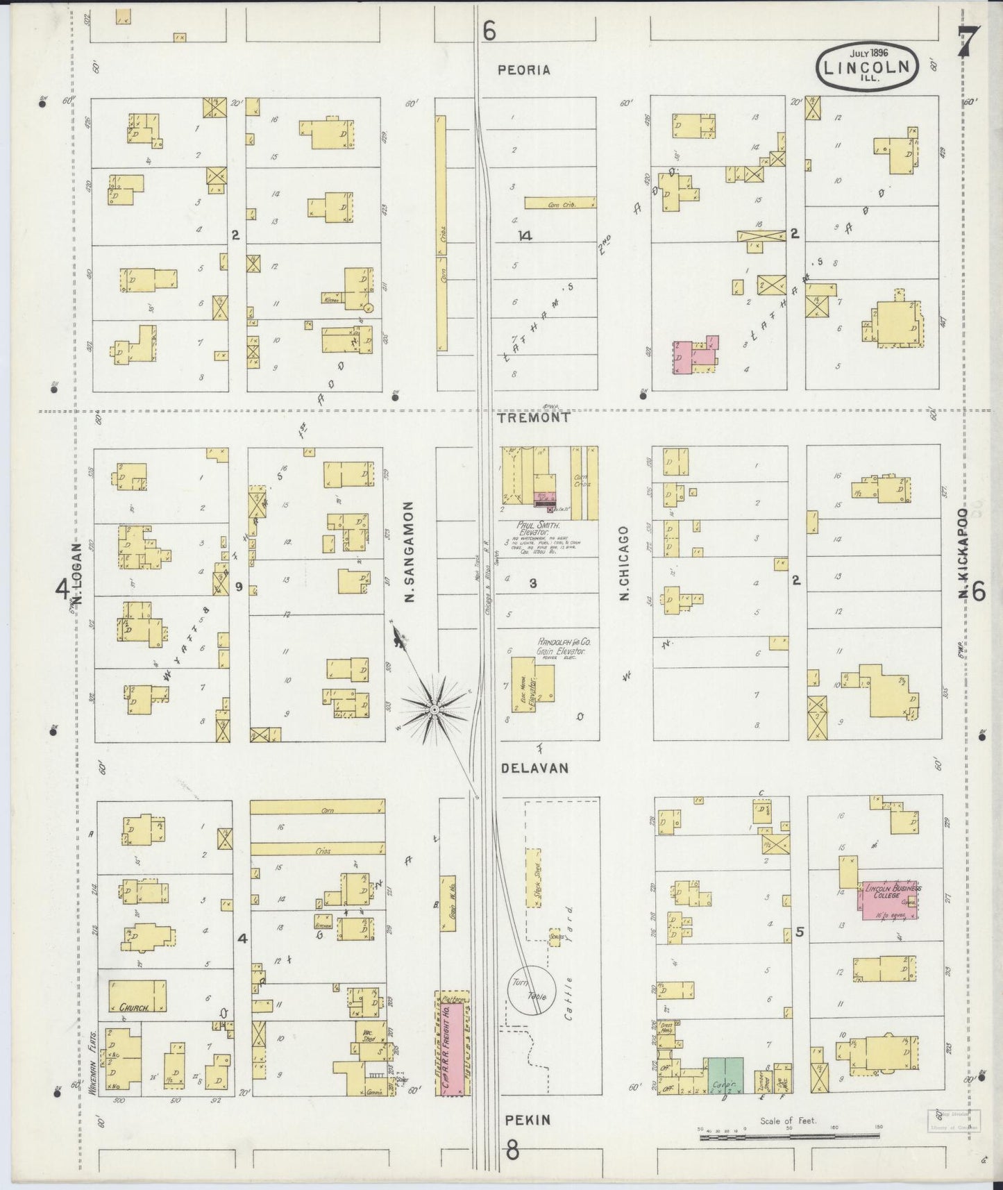 Sanborn Fire Insurance Map from Lincoln, Logan County, Illinois (1896), Sheet #0007 - Historic Sanborn Fire Insurance Map Print, vintage old map wall art, antique decor, genealogy gift, Illinois Illinois map