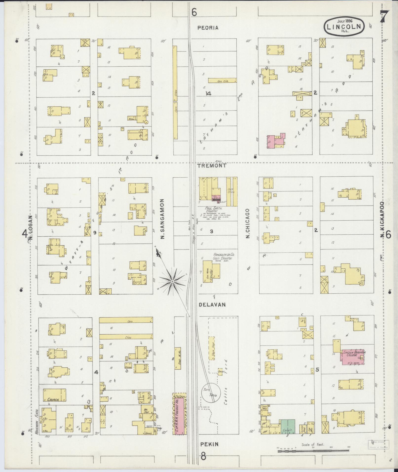 Sanborn Fire Insurance Map from Lincoln, Logan County, Illinois (1896), Sheet #0007 - Historic Sanborn Fire Insurance Map Print, vintage old map wall art, antique decor, genealogy gift, Illinois Illinois map