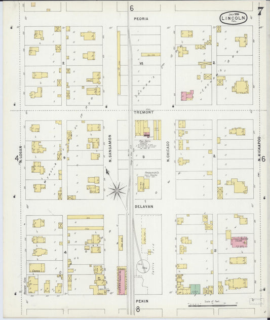 Sanborn Fire Insurance Map from Lincoln, Logan County, Illinois (1896), Sheet #0007 - Historic Sanborn Fire Insurance Map Print, vintage old map wall art, antique decor, genealogy gift, Illinois Illinois map