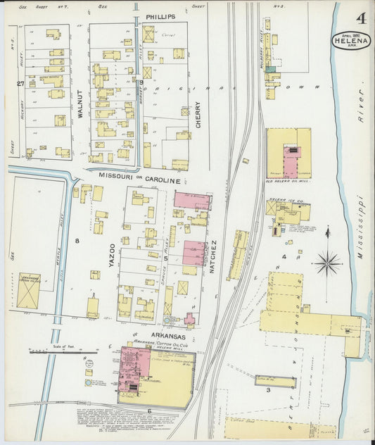 Sanborn Fire Insurance Map from Helena, Phillips County, Arkansas (1892), Sheet #0004 - Historic Sanborn Fire Insurance Map Print, vintage old map wall art, antique decor, genealogy gift, Arkansas Arkansas map
