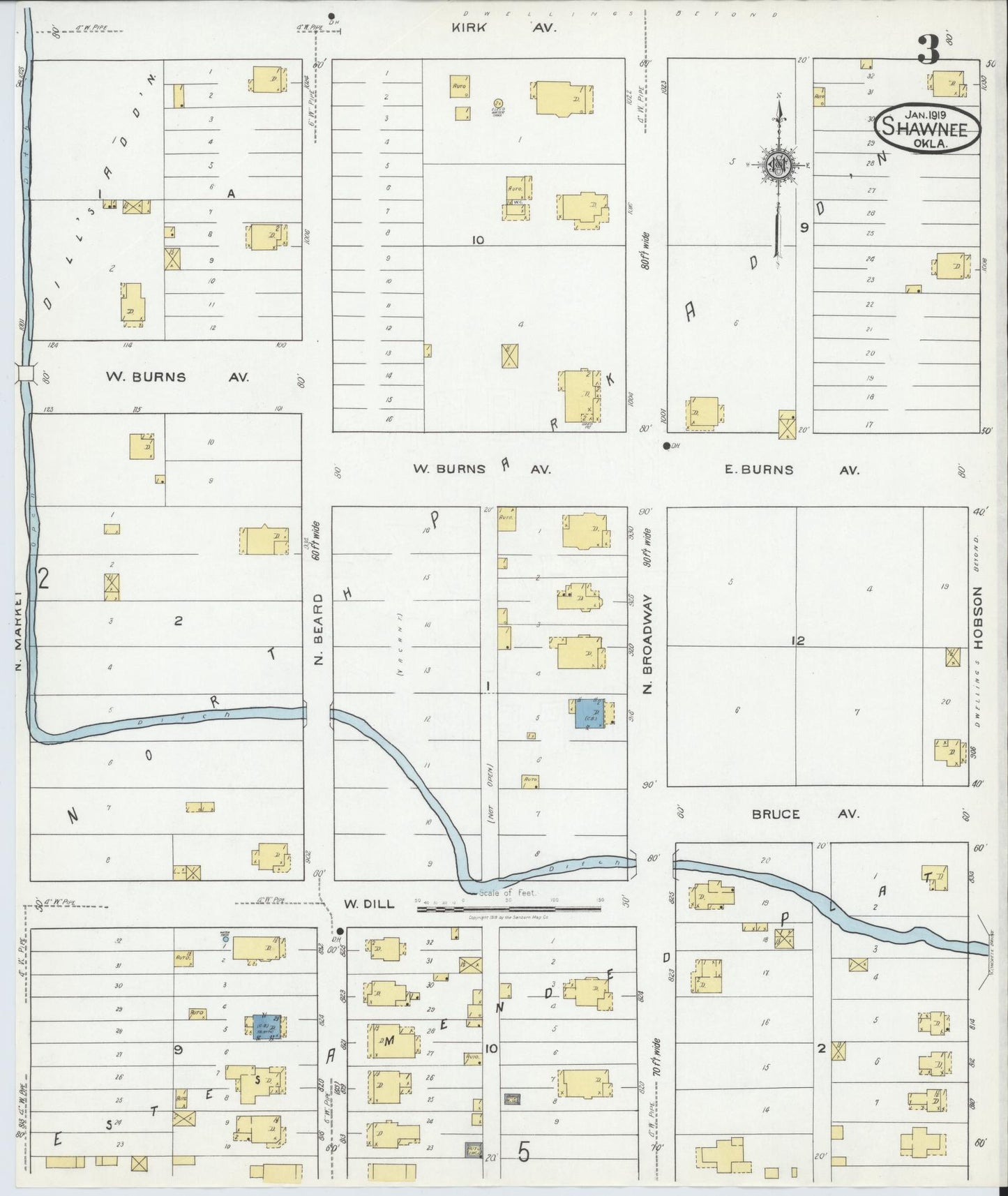 Sanborn Fire Insurance Map from Shawnee, Pottawatomie County, Oklahoma (1919), Sheet #0003 - Complete Map Set gallery image, historic Sanborn map, vintage wall art, Oklahoma Oklahoma