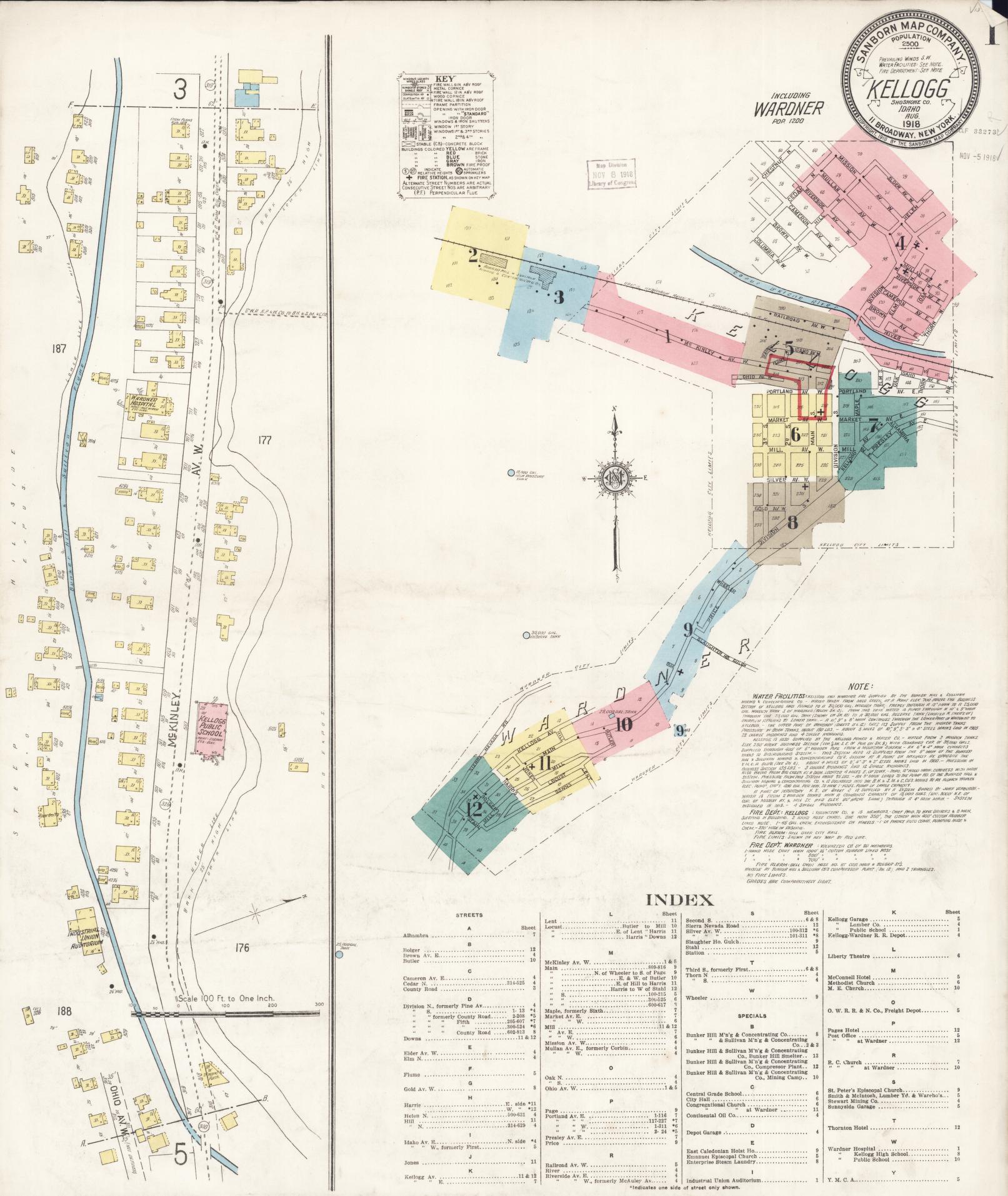Sanborn Fire Insurance Map from Kellogg, Shoshone County, Idaho (1918), Sheet #0001 - Historic Sanborn Fire Insurance Map Print, vintage old map wall art, antique decor, genealogy gift, Idaho Idaho map