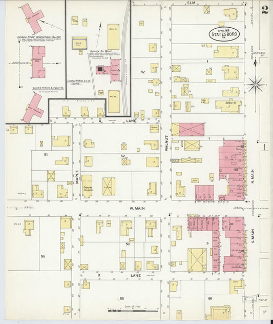 Sanborn Fire Insurance Map from Statesboro, Bulloch County, Georgia (1908), Sheet #0002 - Historic Sanborn Fire Insurance Map Print, vintage old map wall art, antique decor, genealogy gift, Georgia Georgia map