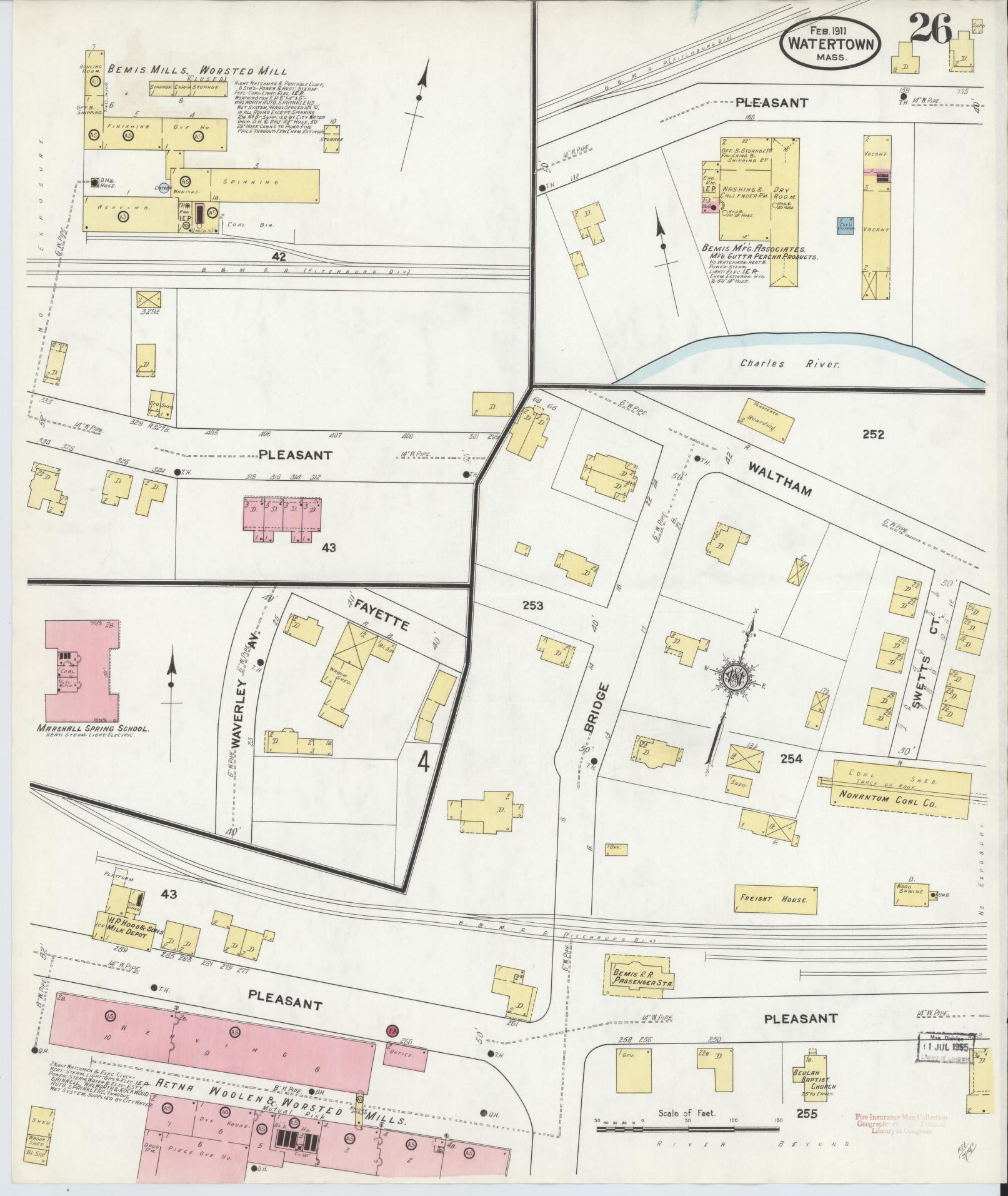 Sanborn Fire Insurance Map from Watertown, Middlesex County, Massachusetts (1911), Sheet #0026 - Historic Sanborn Fire Insurance Map Print, vintage old map wall art, antique decor, genealogy gift, Massachusetts Massachusetts map