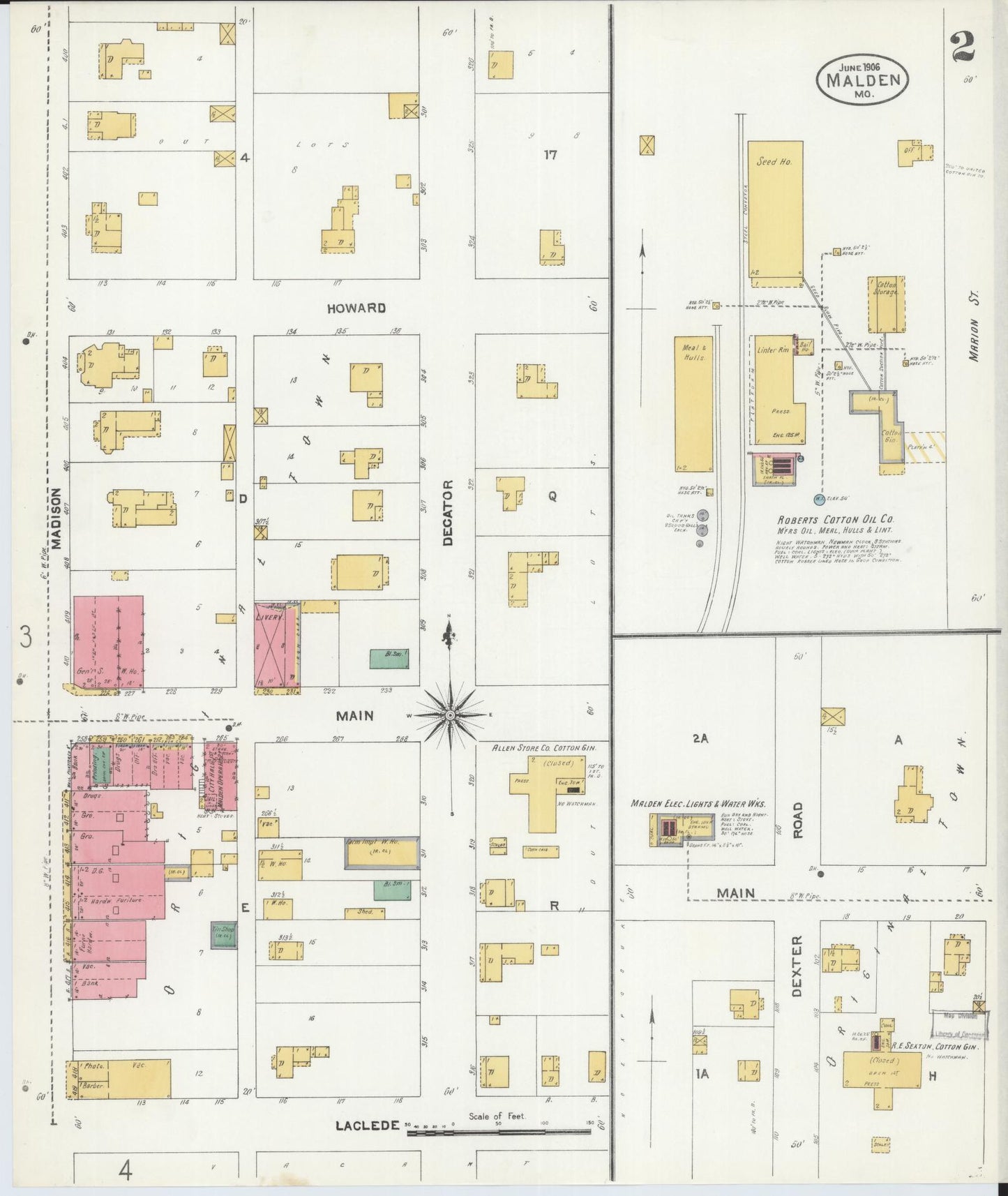 Sanborn Fire Insurance Map from Malden, Dunklin County, Missouri (1906), Sheet #0002 - Complete Map Set gallery image, historic Sanborn map, vintage wall art, Missouri Missouri