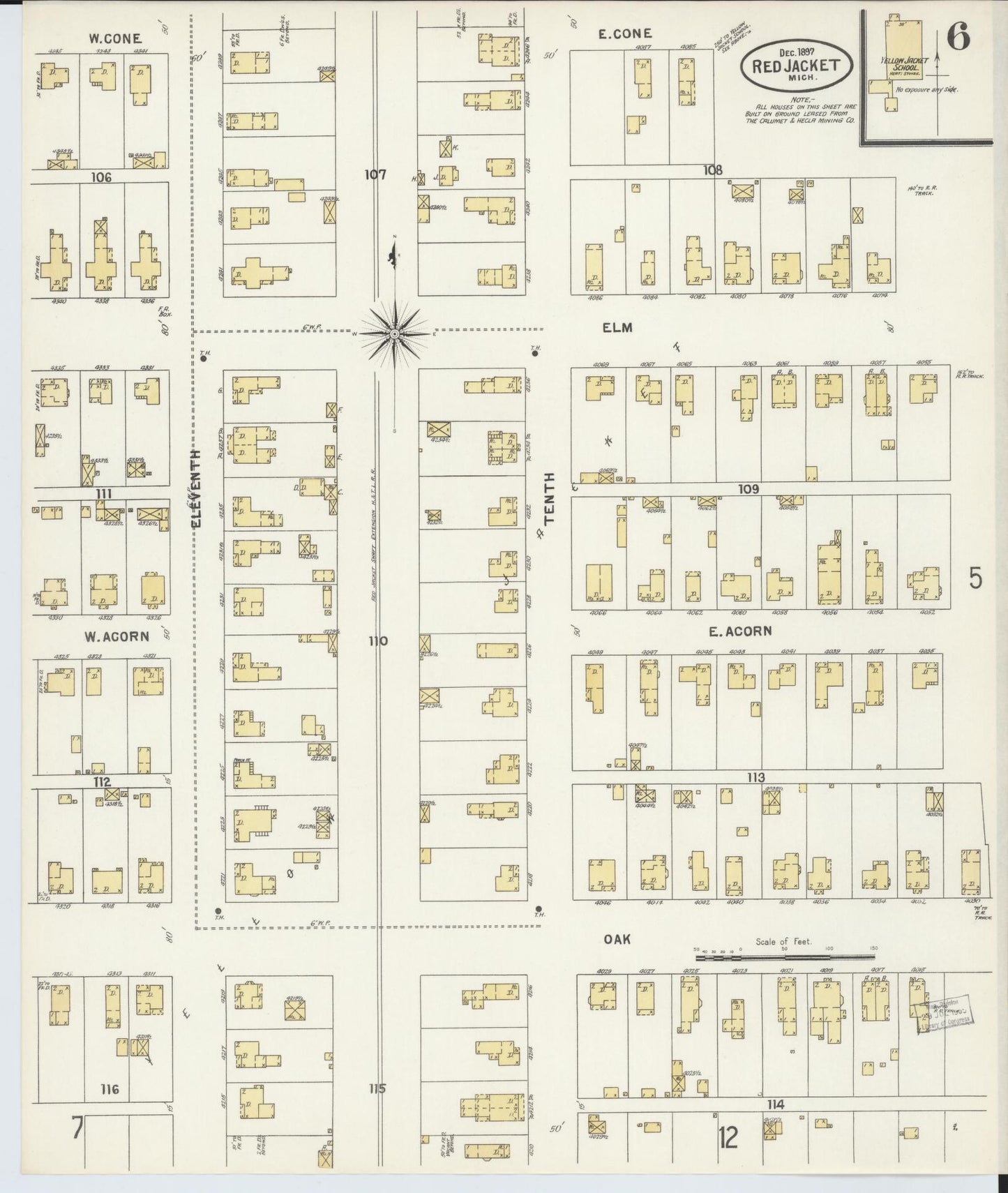 Sanborn Fire Insurance Map from Red Jacket, Houghton County, Michigan (1897), Sheet #0006 - Complete Map Set gallery image, historic Sanborn map, vintage wall art, Michigan Michigan
