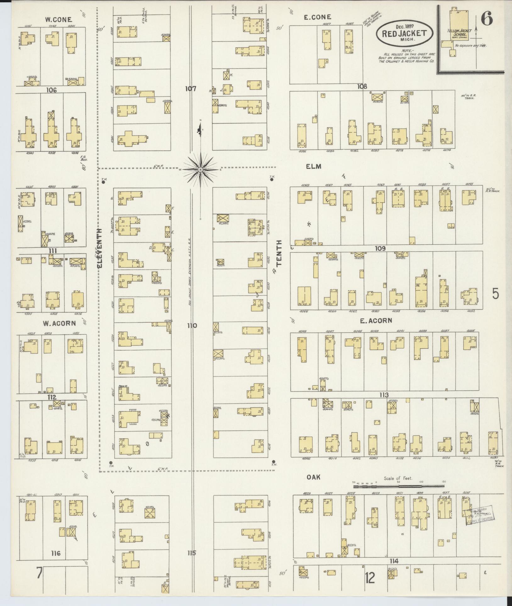 Sanborn Fire Insurance Map from Red Jacket, Houghton County, Michigan (1897), Sheet #0006 - Complete Map Set gallery image, historic Sanborn map, vintage wall art, Michigan Michigan
