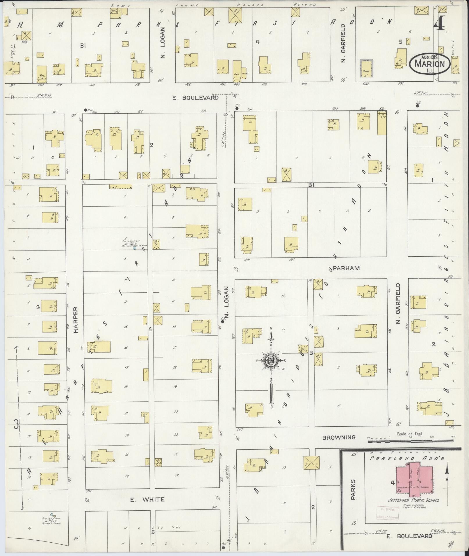 Sanborn Fire Insurance Map from Marion, Williamson County, Illinois (1913), Sheet #0004 - Historic Sanborn Fire Insurance Map Print, vintage old map wall art, antique decor, genealogy gift, Illinois Illinois map